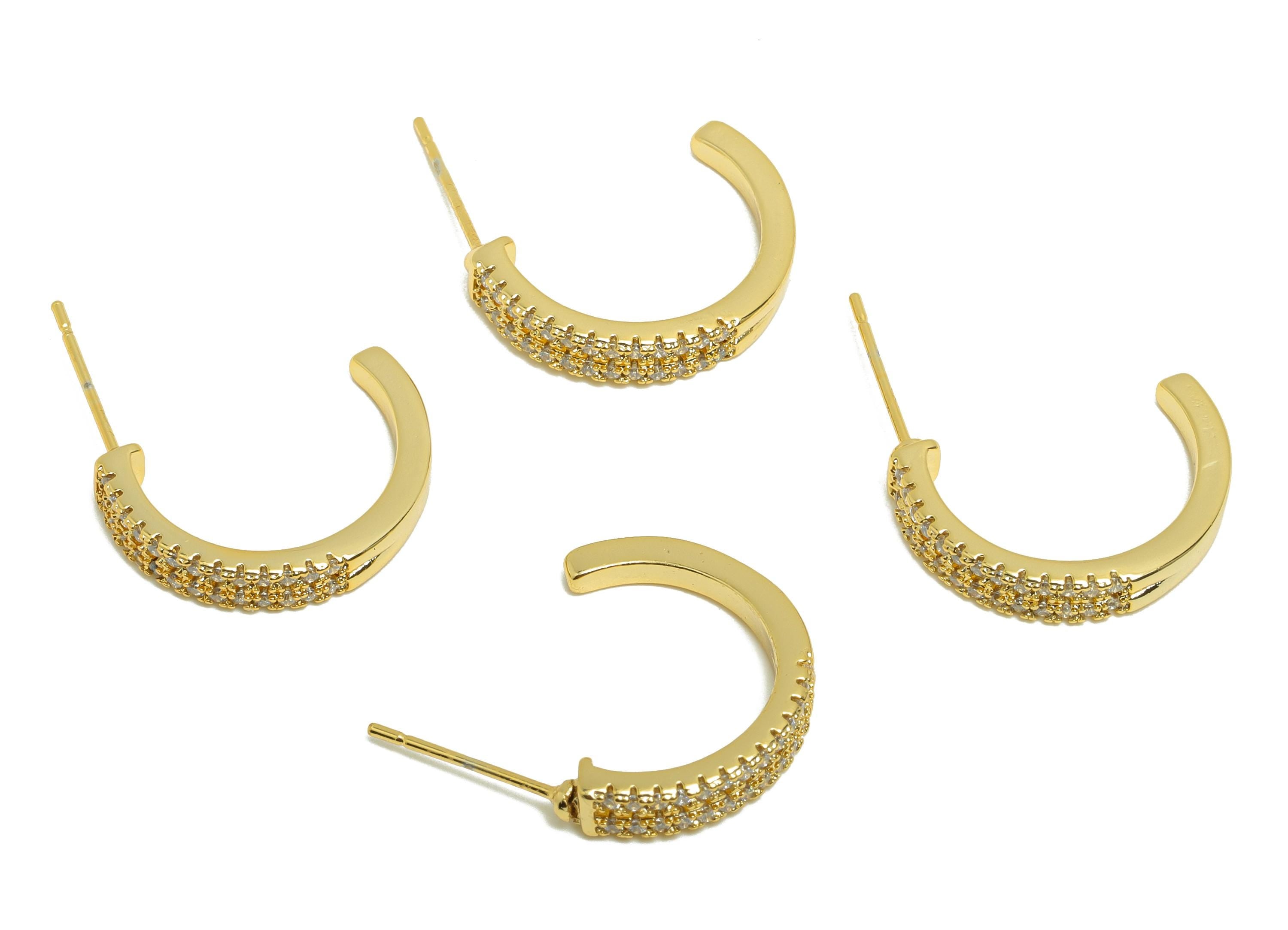 Brass C Hoop Earring Stud - Gold Cubic Zircon Earring for Woman's - Semicircle Earring Post - 18K Real Gold Plating - 25x20x3.6mm - RGP8751 - DOMEDBAZAAR