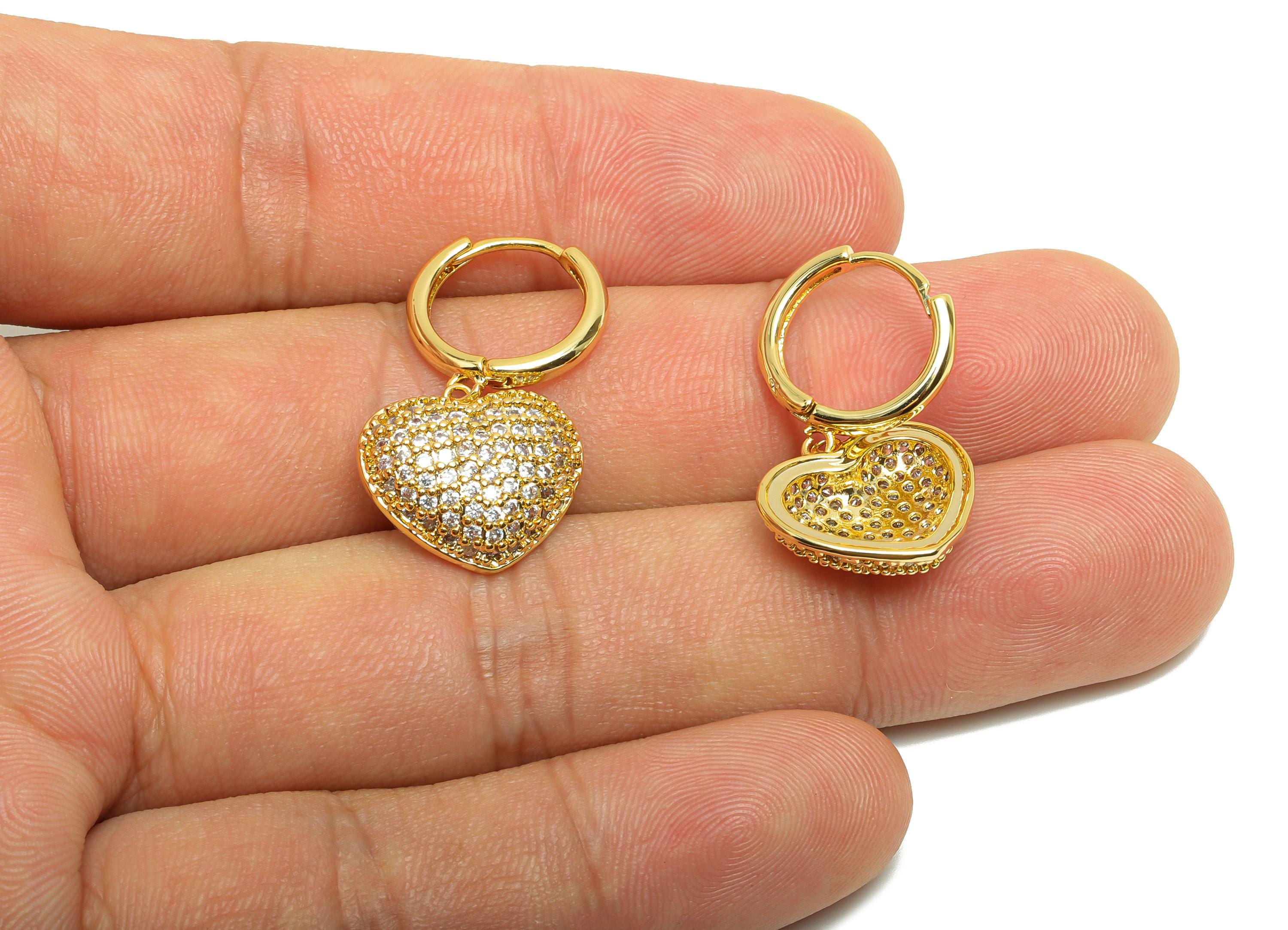 Brass Heart Dangle Earring - Zircon Huggie Earring for Woman - Gold Ear for Valentine's Day - 18K Real Gold Plating - 29x16x4.8mm - RGP8753 - DOMEDBAZAAR