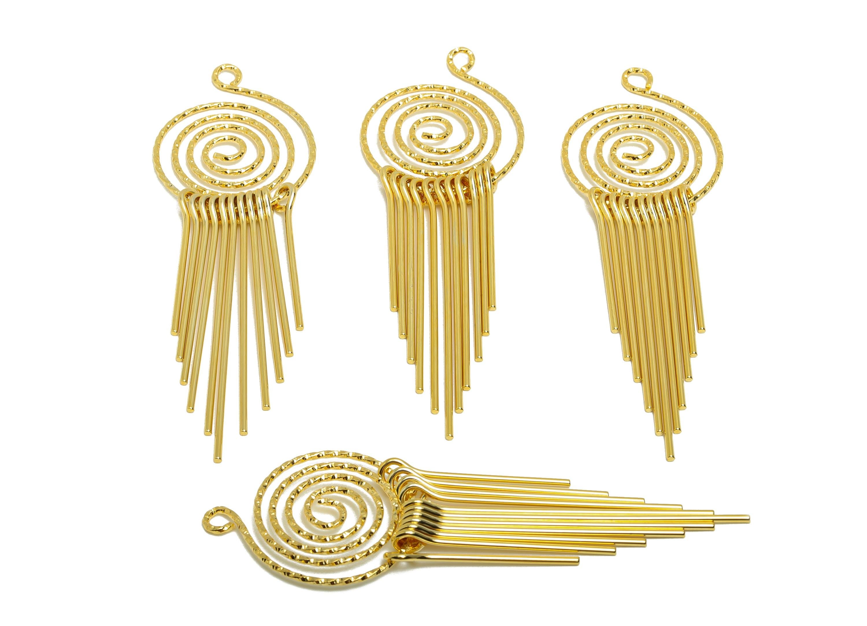 Brass Spiral Fringe Charm - Round Spiral Fringe Charm for Earring - Gold Hammered Pendant - 18K Real Gold Plating - 86x27.4x5.4mm - RGP8761 - DOMEDBAZAAR