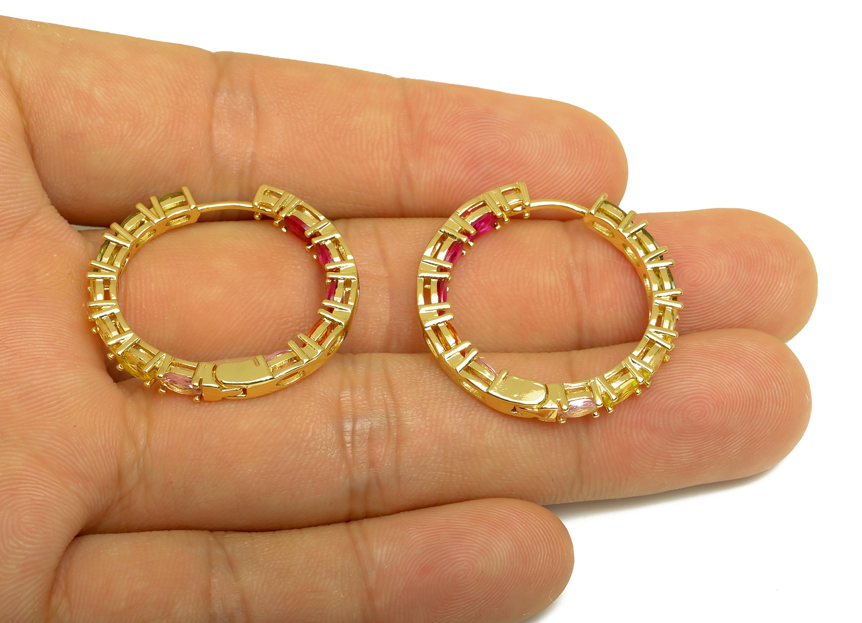 Brass Round Hoop Ear - Gold Oval Zircon Huggie Hoop Earring - Colorful CZ Earring Clasp - 18K Real Gold Plating- 29.21x29.21x3.56m - RGP8003 - DOMEDBAZAAR
