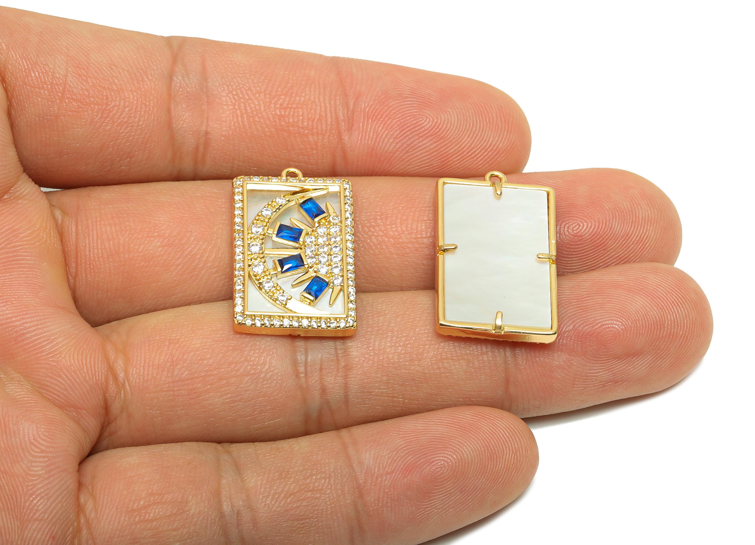 Brass CZ Crescent Charms - Brass Cubic Zircon Charms - Brass Rectangle Sun Seashell Pendant - 18K Real Gold Plating - 25x15x2mm - RGP8194 - DOMEDBAZAAR