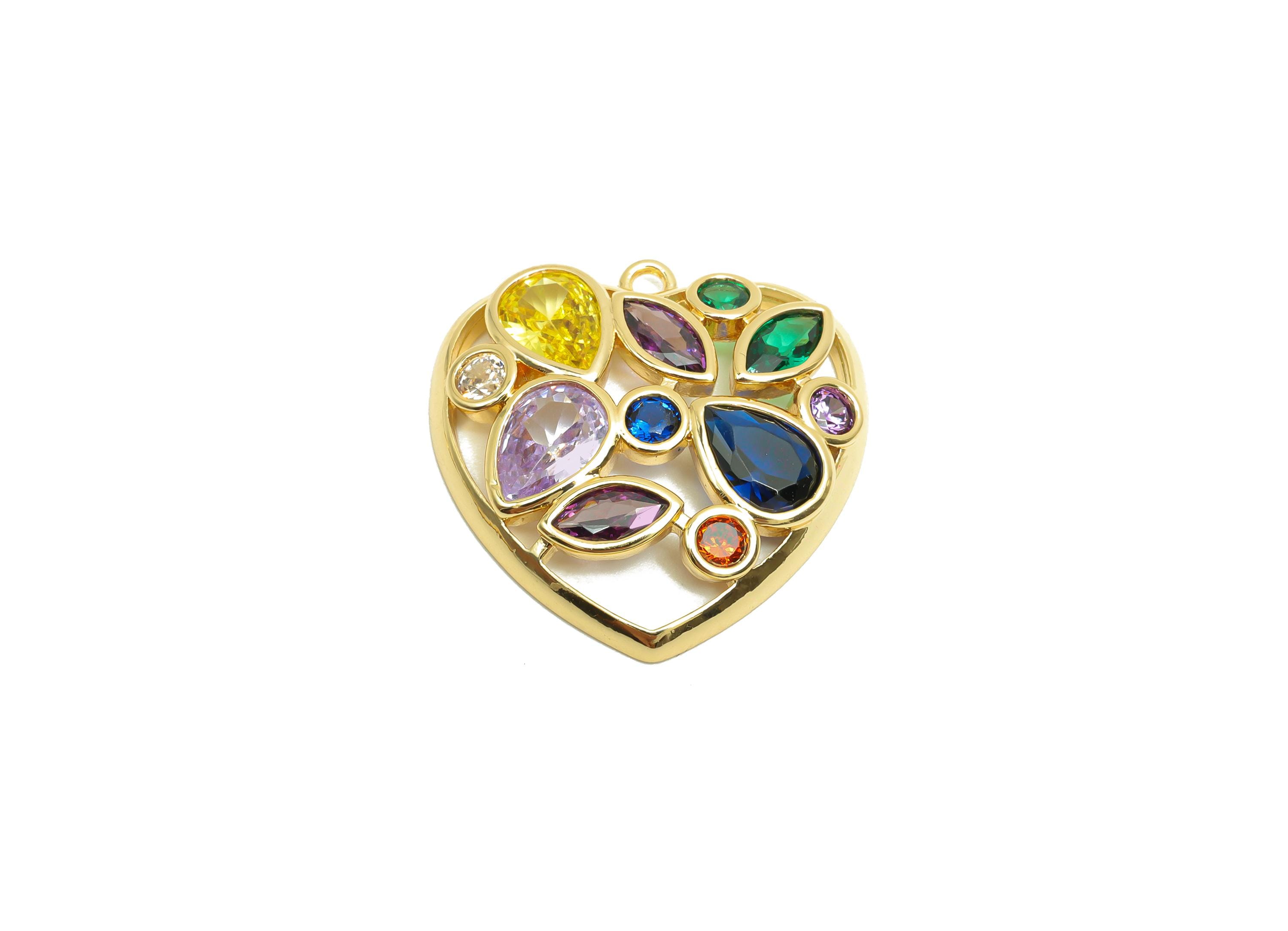 Brass CZ Heart Charms - Brass Cubic Zircon Earring Charm - Brass Rainbow CZ Heart Pendant - 18K Real Gold Plating - 22x22x3.72mm - RGP8197 - DOMEDBAZAAR