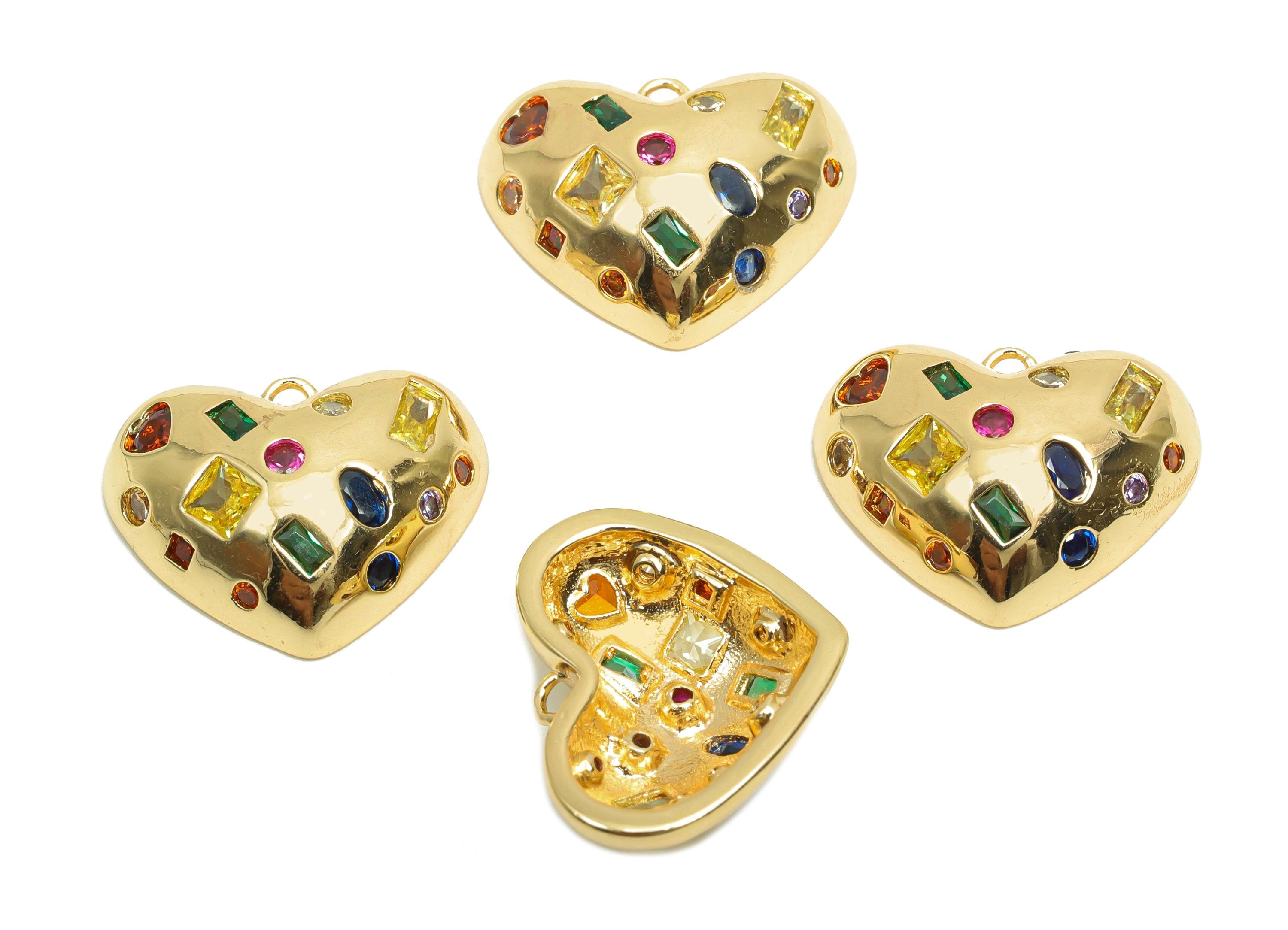 Brass CZ Heart Charms - Brass Cubic Zircon Earring Charm - Brass Rainbow CZ Heart Pendant - 18K Real Gold Plating - 14x18.1x5mm - RGP8206 - DOMEDBAZAAR