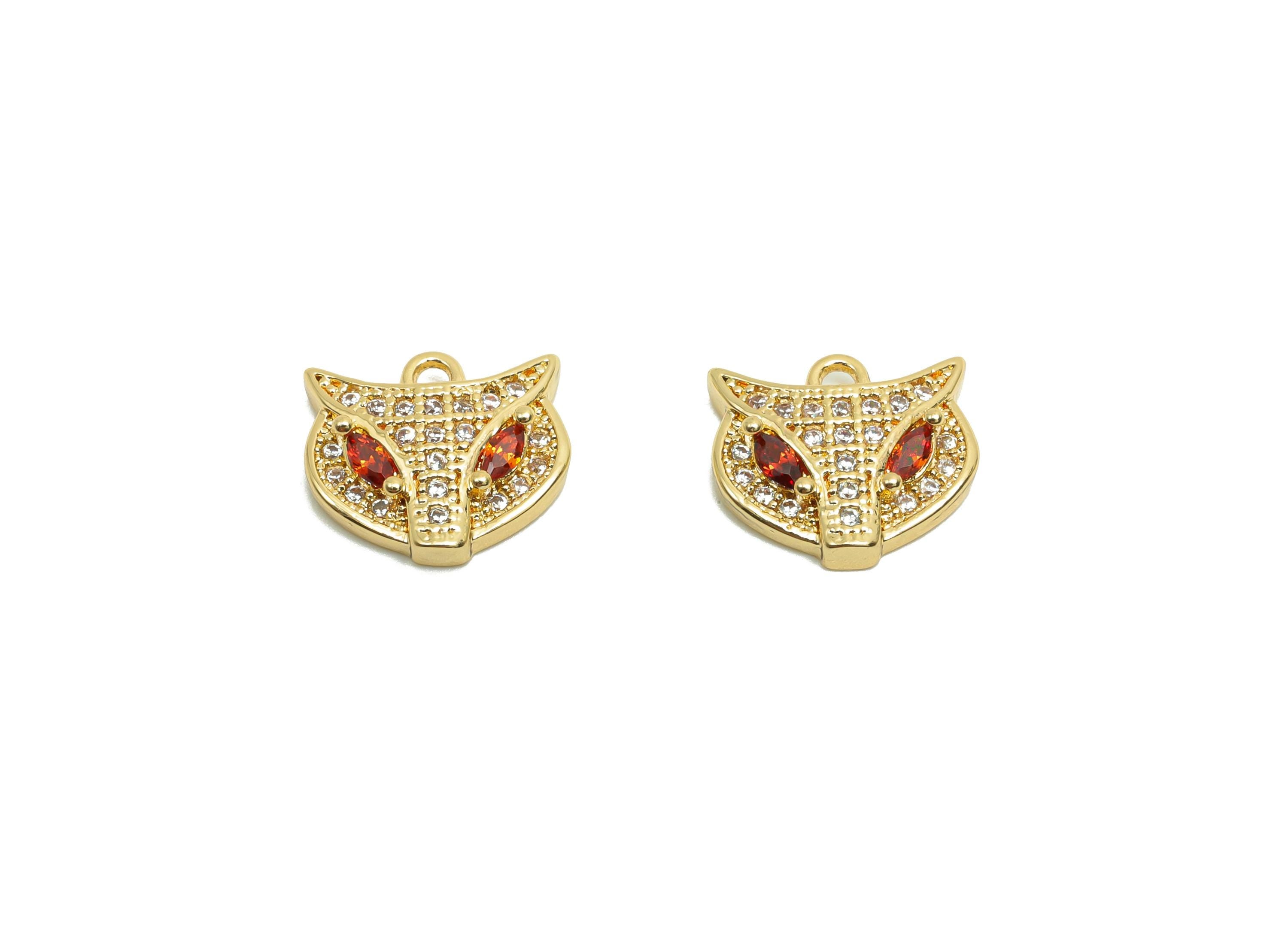 Brass CZ Fox Charms - Brass Cubic Zircon Earring Charm - Brass Red CZ Animal Pendant - 18K Real Gold Plating - 10.82x9.5x3.11mm - RGP8204 - DOMEDBAZAAR