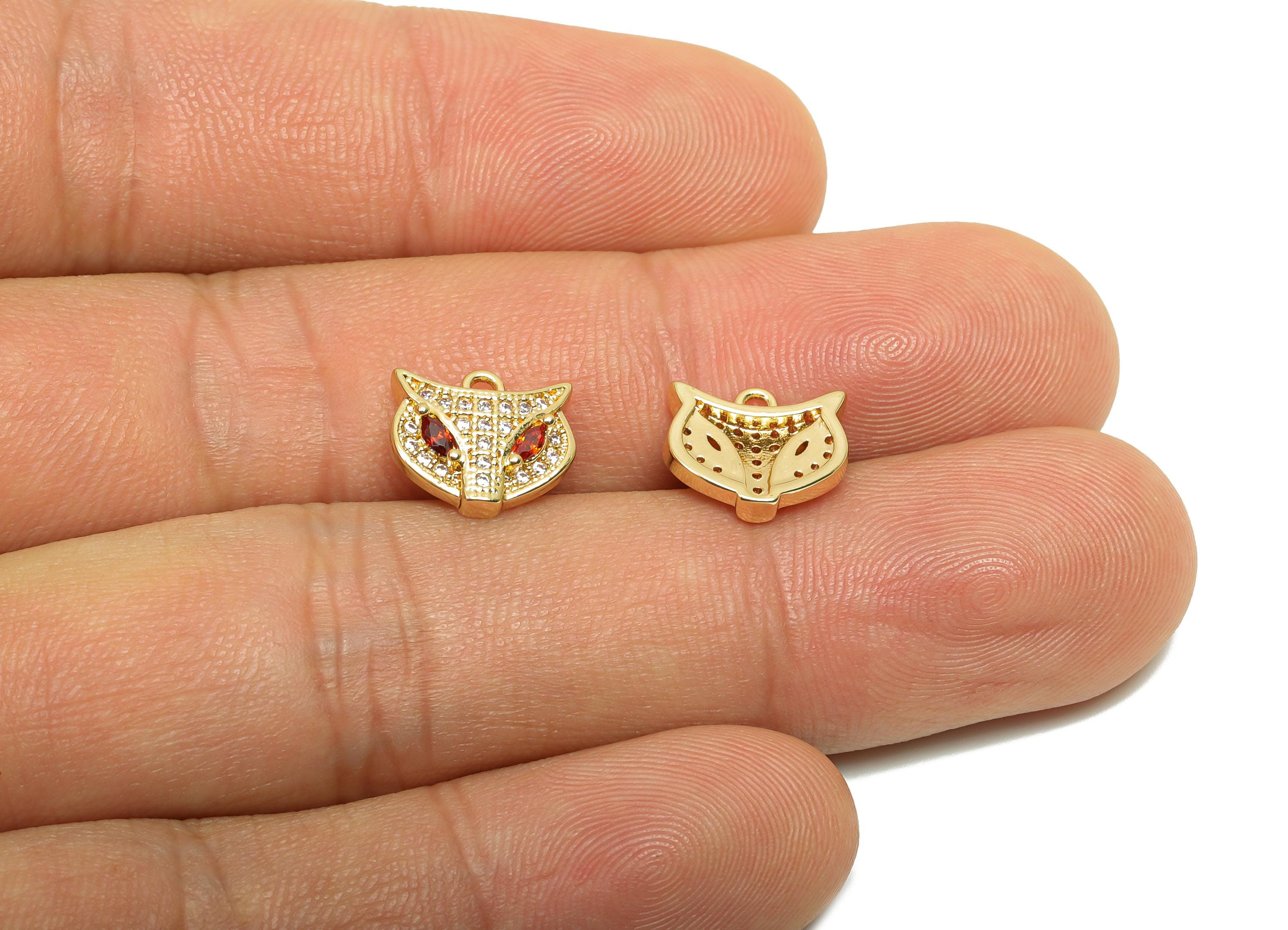 Brass CZ Fox Charms - Brass Cubic Zircon Earring Charm - Brass Red CZ Animal Pendant - 18K Real Gold Plating - 10.82x9.5x3.11mm - RGP8204 - DOMEDBAZAAR