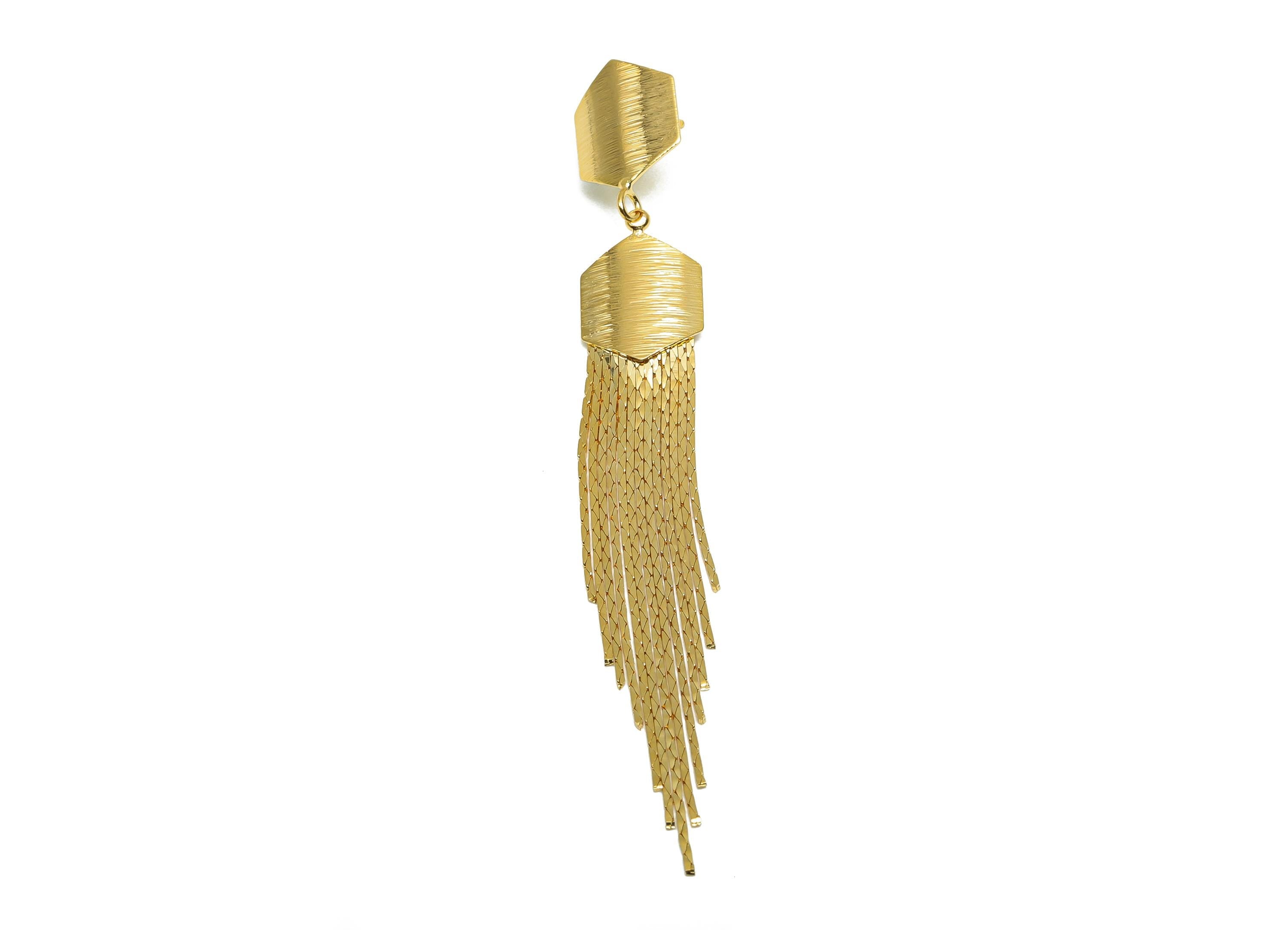 Brass Hexagon Dangle Earring - Hexagon Snake Chian Earring Post - Gold Tassel Dangle Earring - 18K Real Gold Plated - 86x11.7x0.6mm- RGP8271 - DOMEDBAZAAR