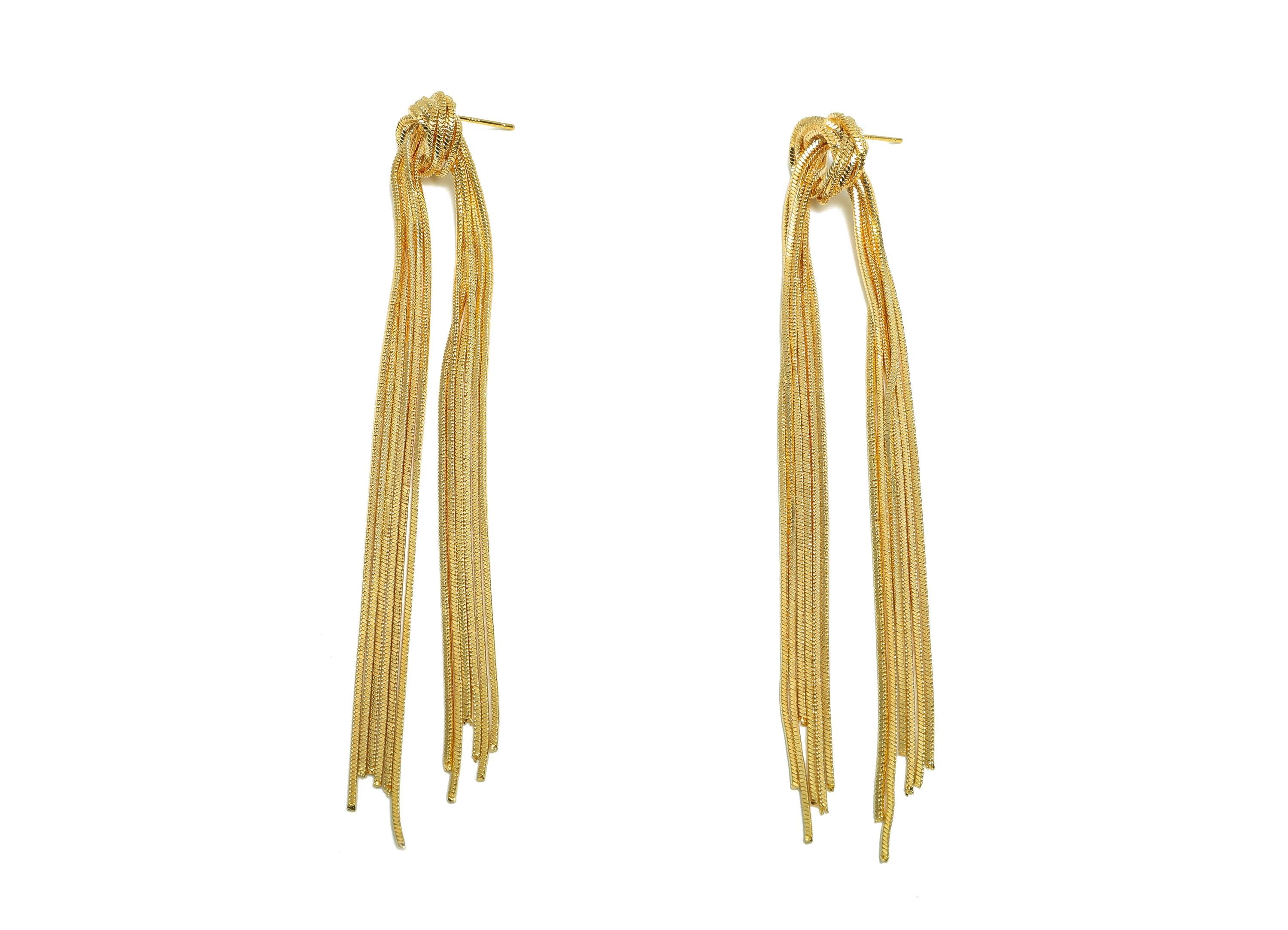 Brass Snake Chain Earring - Gold Knot Long Chain Earring Stud - Knot Chain Tassel Ear Post - 18K Real Gold Plating- 110.2x16.2x7mm - RGP8272 - DOMEDBAZAAR
