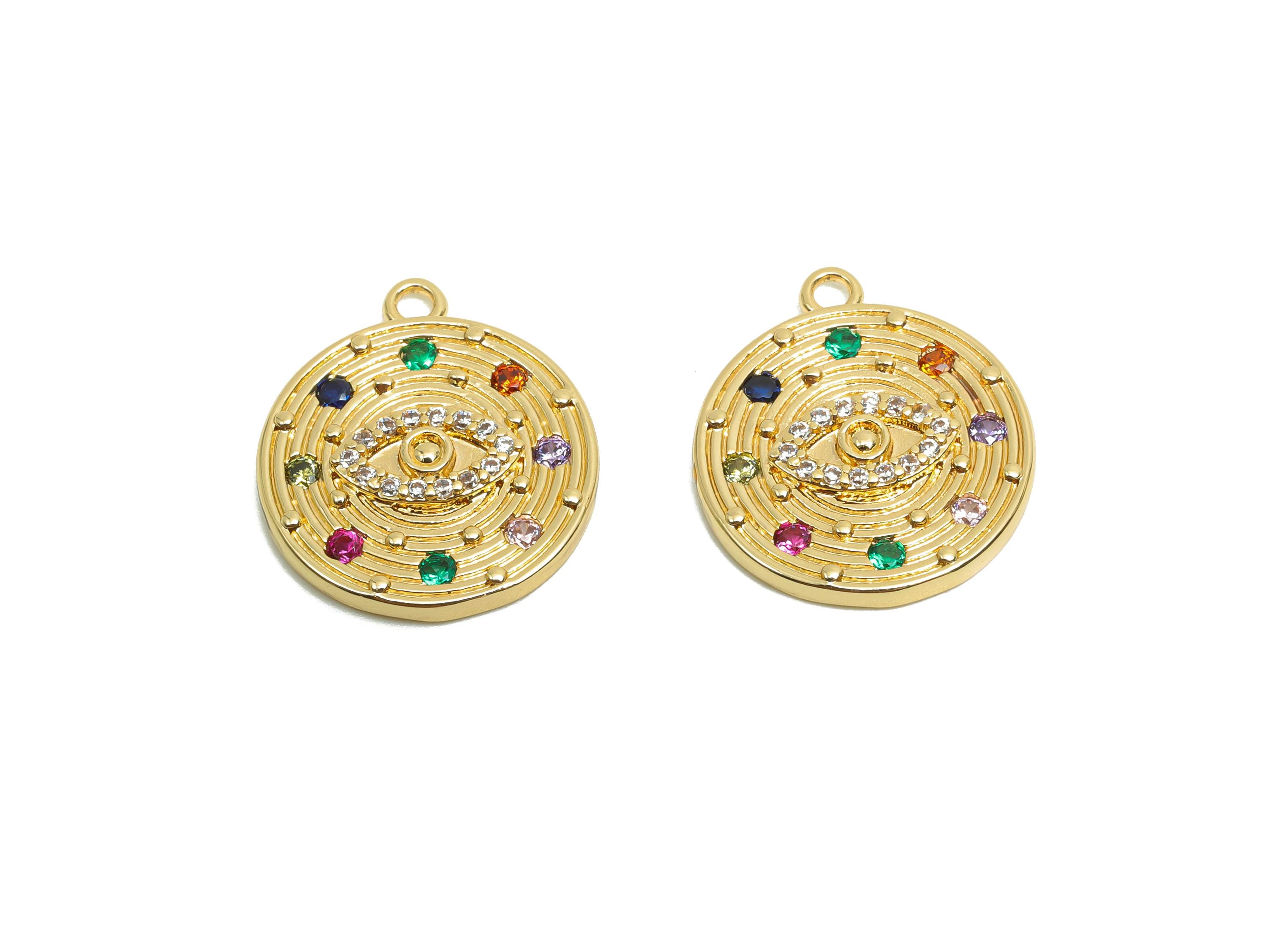 Brass CZ Eye Charms - Brass Cubic Zircon Earring Charm - Brass Textured Rainbow CZ Pendant - 18K Real Gold Plating - 17.5x15x2mm - RGP8199 - DOMEDBAZAAR