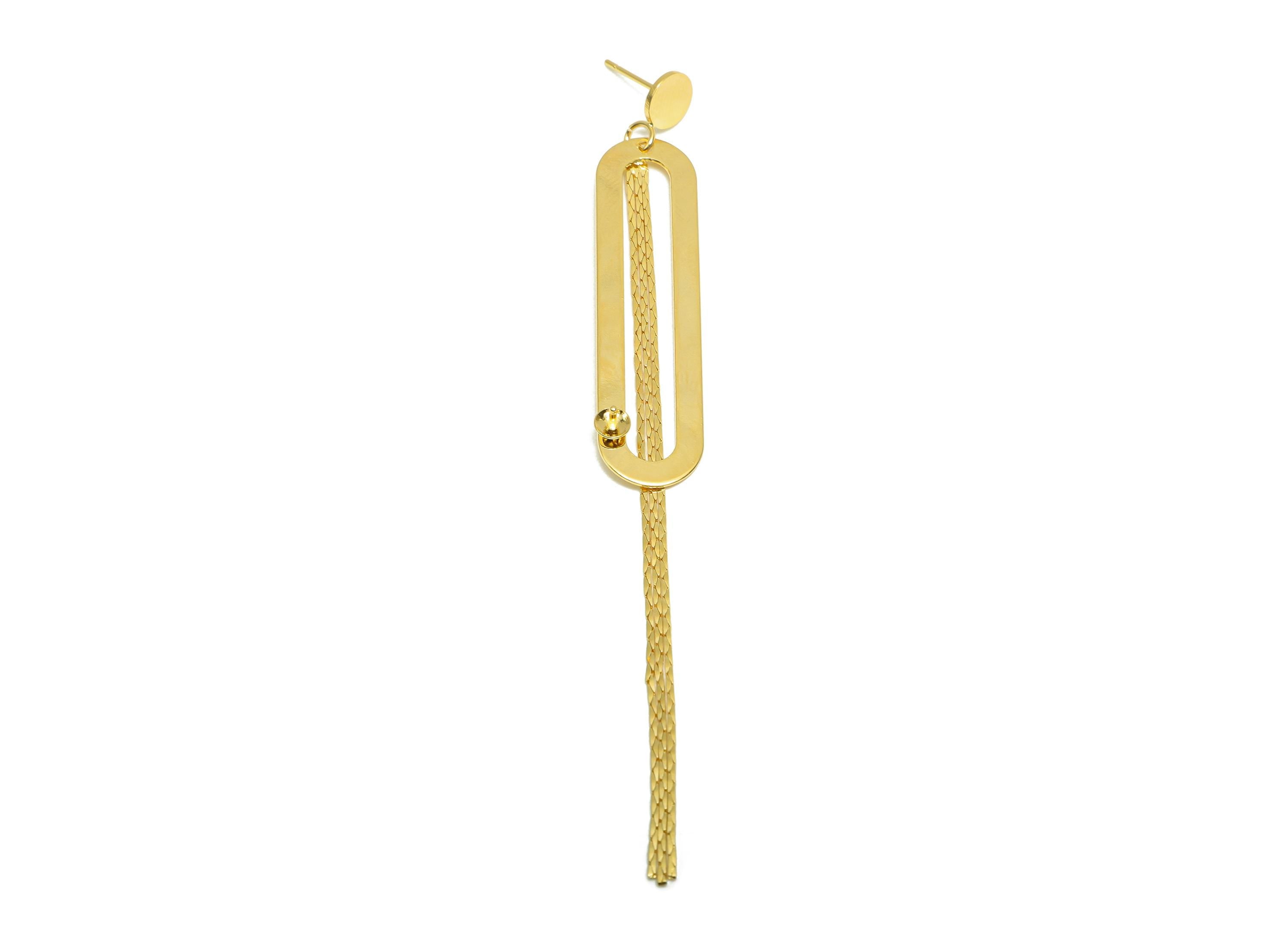 Brass Rectangle Oval Earring - Gold Geometry Dangle Ear - Snake Chian Tassel Earring Post - 18K Real Gold Plated - 98.5x11.7x0.76mm- RGP8273 - DOMEDBAZAAR