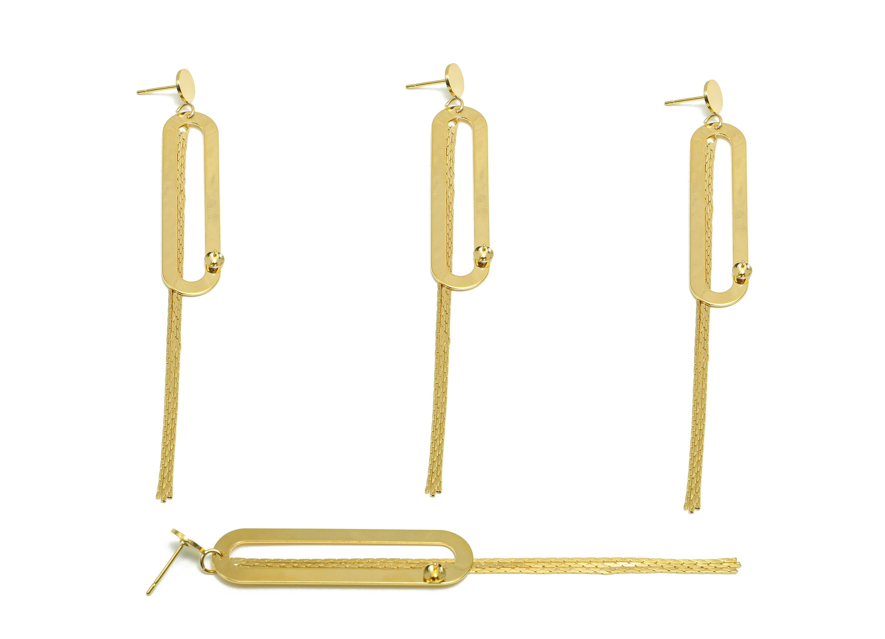 Brass Rectangle Oval Earring - Gold Geometry Dangle Ear - Snake Chian Tassel Earring Post - 18K Real Gold Plated - 98.5x11.7x0.76mm- RGP8273 - DOMEDBAZAAR