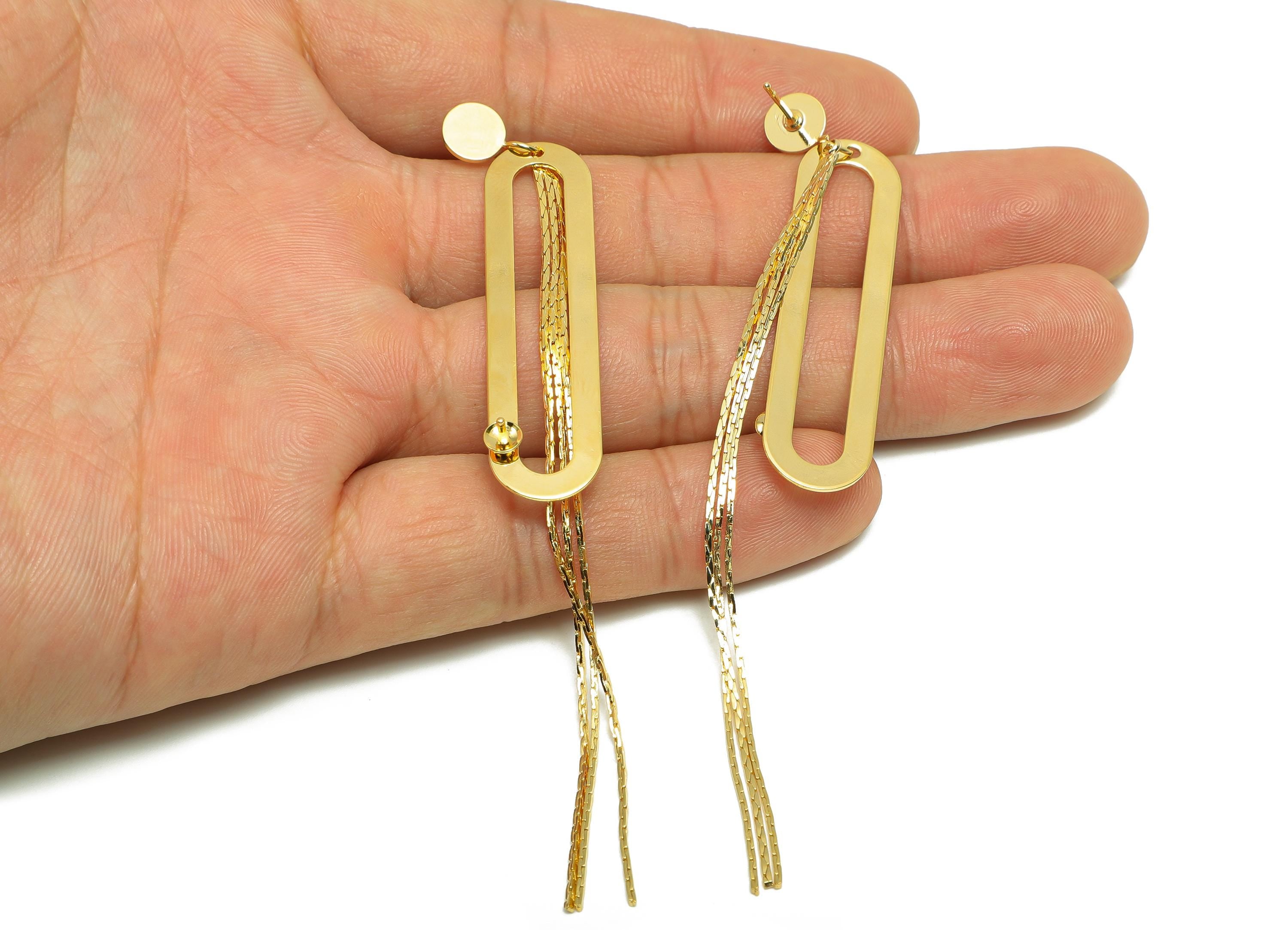 Brass Rectangle Oval Earring - Gold Geometry Dangle Ear - Snake Chian Tassel Earring Post - 18K Real Gold Plated - 98.5x11.7x0.76mm- RGP8273 - DOMEDBAZAAR