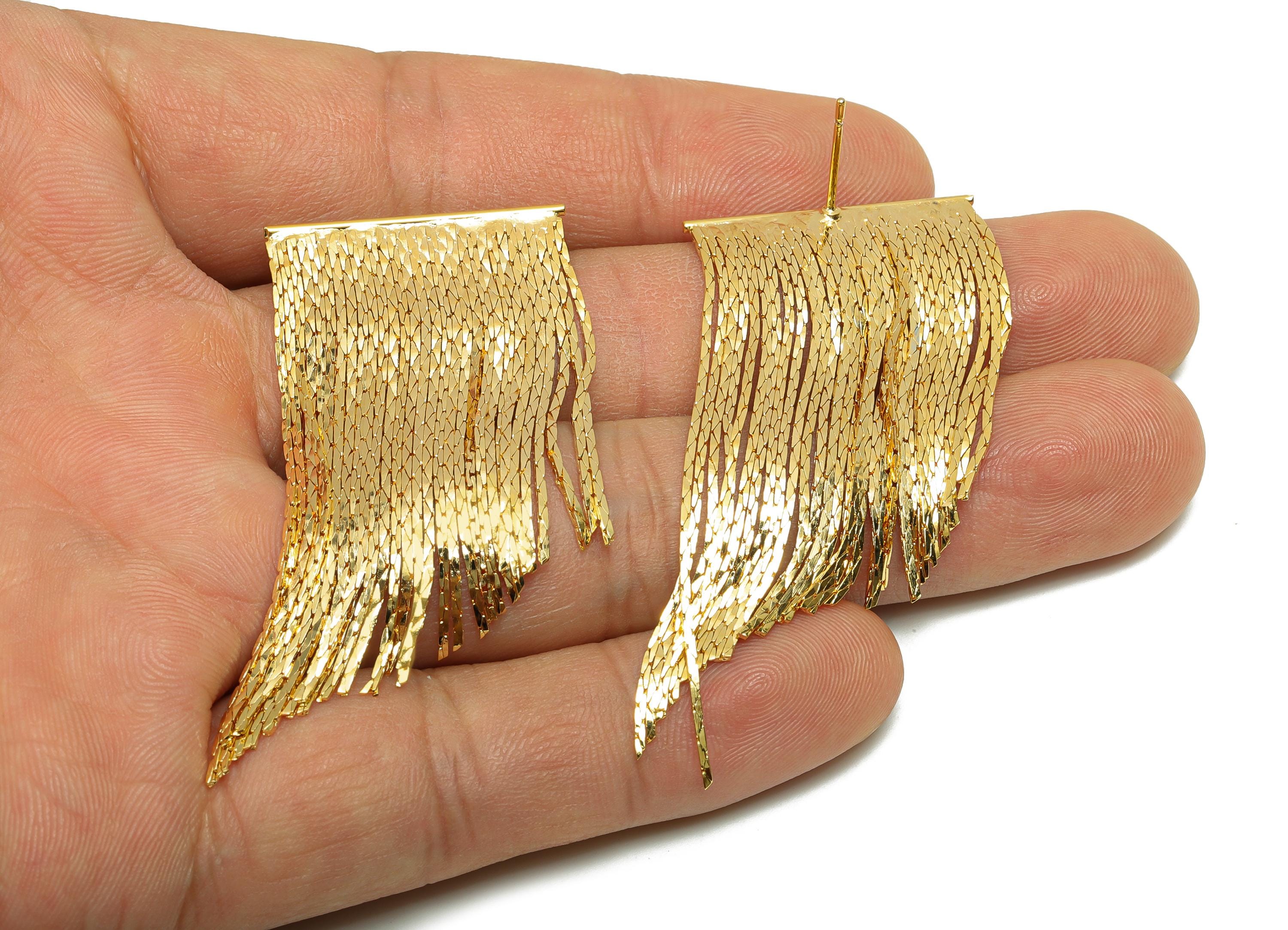 Brass Snake Chain Earring - Gold Snake Chain Tassel Ear Stud - Textured Chain Earring Post - 18K Real Gold Plating - 54x25x1.32mm - RGP8275 - DOMEDBAZAAR