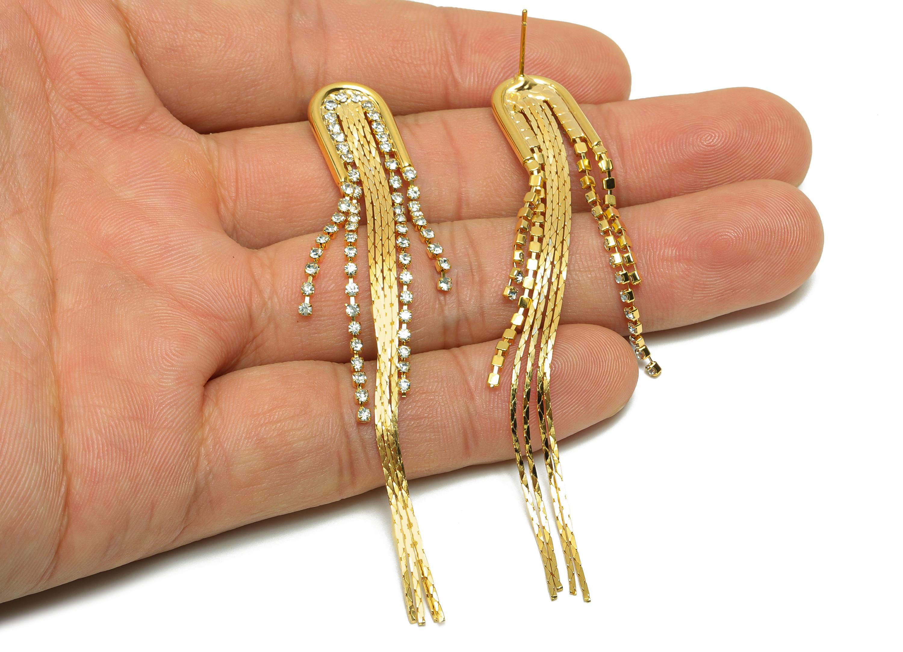 Brass Zircon Tassel Earring - CZ Oval Earring Post - Gold Snake Chian Tassel Earring Stud - 18K Real Gold Plated - 77.9x11.5x2.9mm - RGP8277 - DOMEDBAZAAR