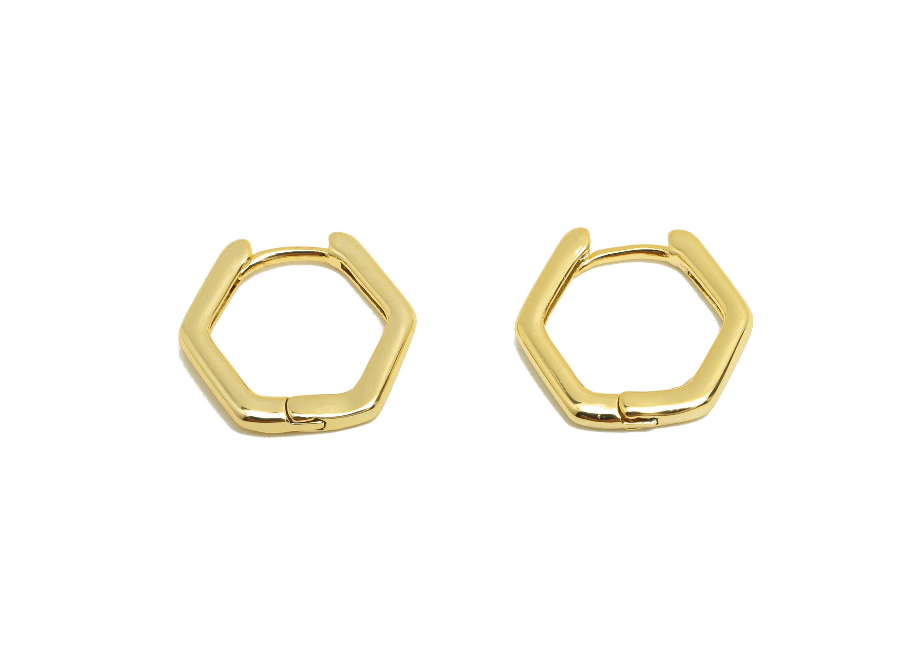 Brass Hexagon Huggie Earring - Gold Hoop Earring for Women - Daily Wear Earring Clasp - 18K Real Gold Plating - 15x13.3x1.8mm - RGP8779 - DOMEDBAZAAR