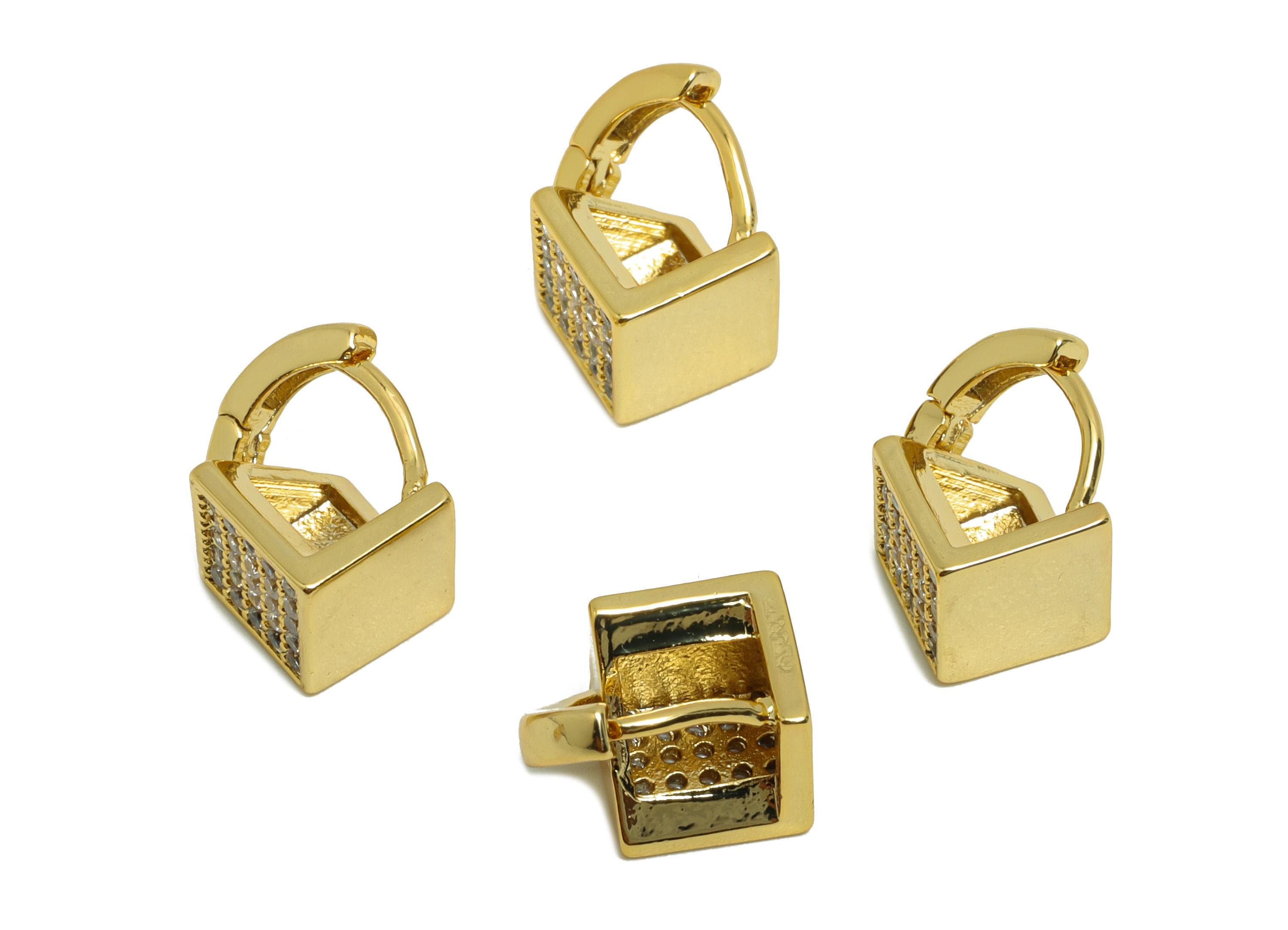 Brass Cube Hoop Earring - Gold Zircon Square Earring - CZ Cube Huggie Hoop Earring Clasps- 18K Real Gold Plating - 12.3x12x7.4mm - RGP8790 - DOMEDBAZAAR