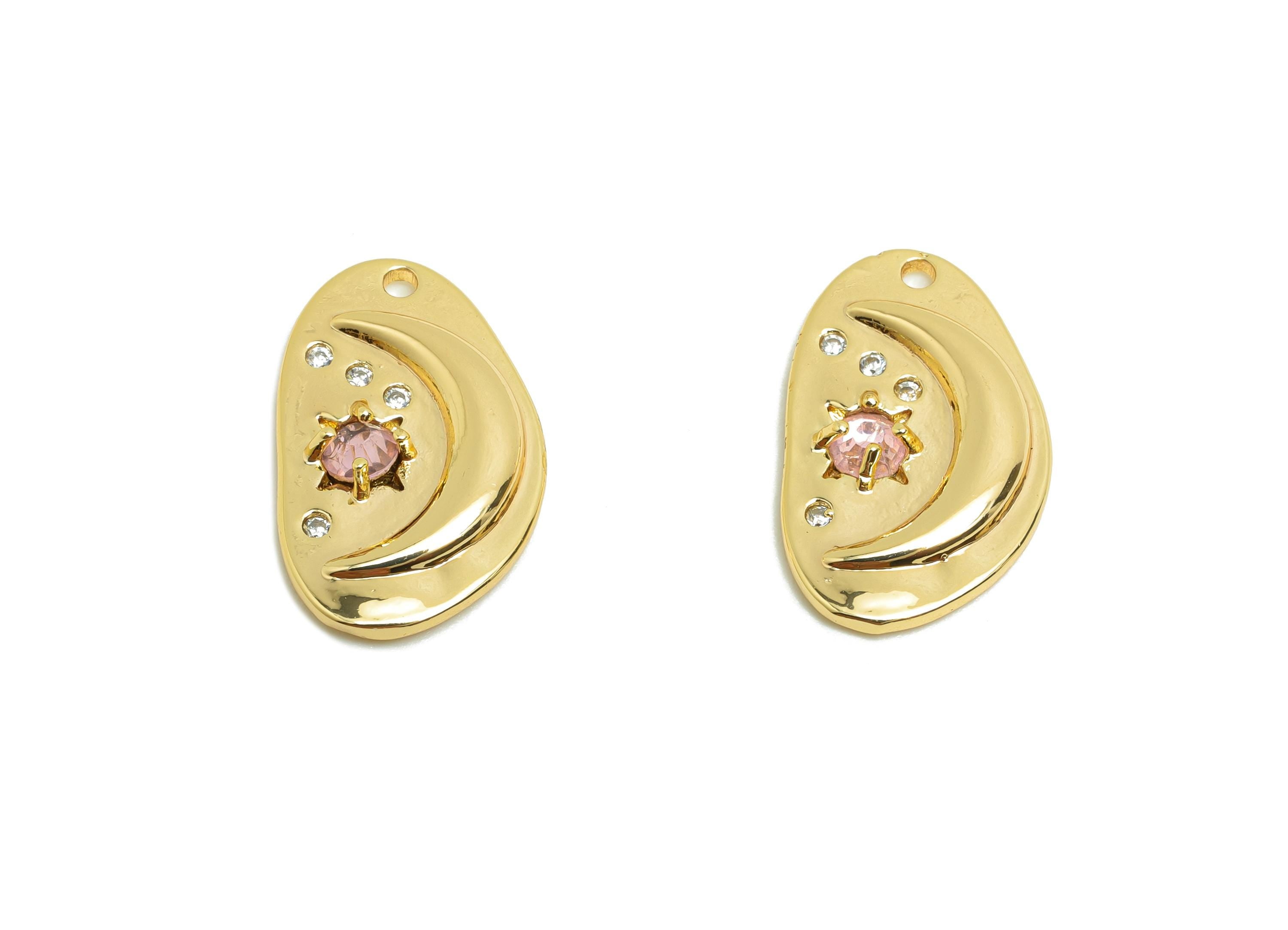 Brass CZ Earring Charm - Brass Crescent Earring Charm - Gold Jewelry - Star Zircon Pendant - 18K Real Gold Plating - 18x11x2.5mm - RGP10002 - DOMEDBAZAAR