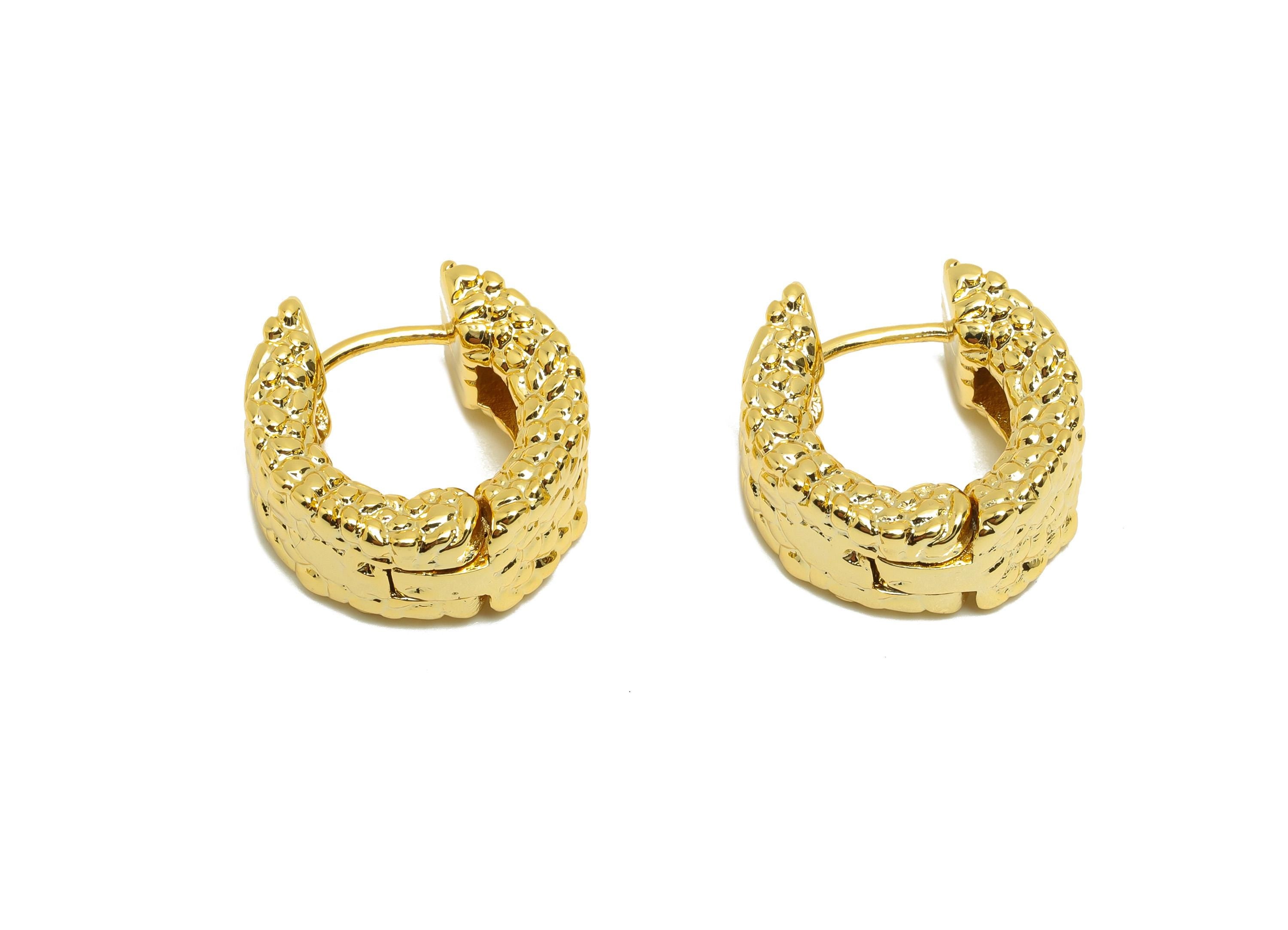 Brass Hammered Earring - Gold Thick Hoop Earring - Textured Huggie Hoop Earring for Ladies - 18K Real Gold Plating - 19x19x9.05mm - RGP8808 - DOMEDBAZAAR