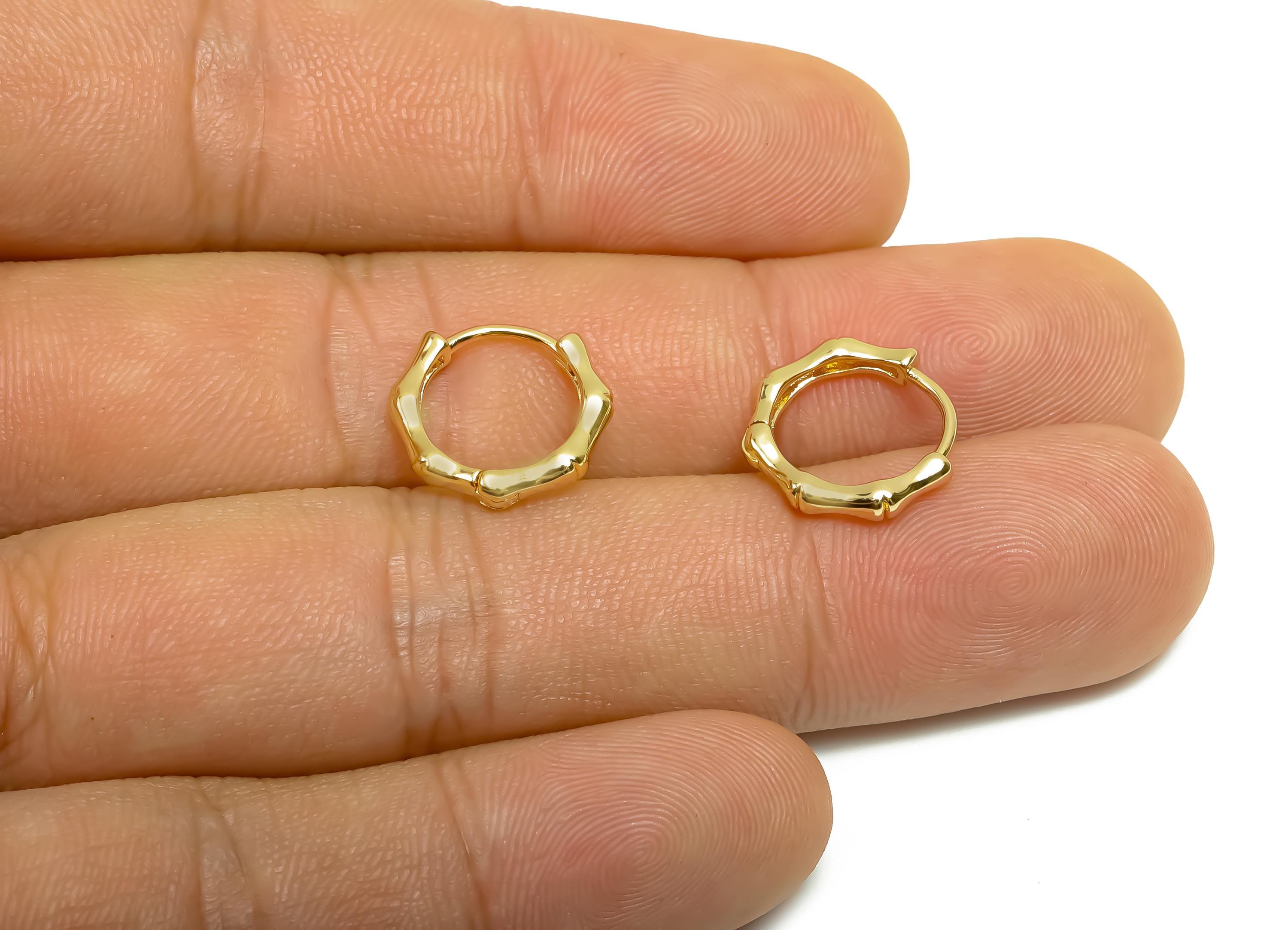 Brass Hoop Earring - Brass Bamboo Huggie Hoop Earring - Brass Round Hoop Earring Clasp - 18K Real Gold Plating - 13.9x13.02x2.5mm - RGP8366 - DOMEDBAZAAR