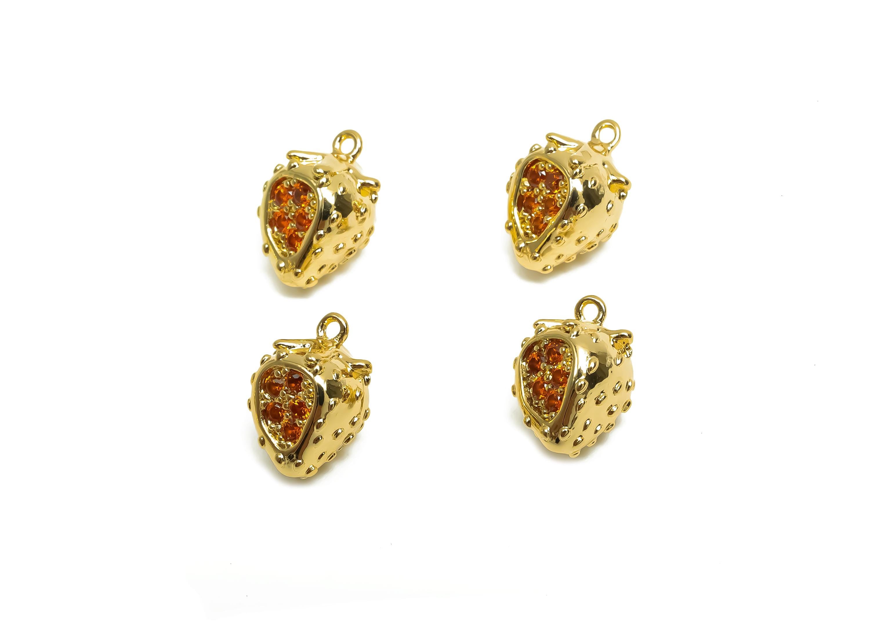 Brass CZ Bead Earring Charm - Brass Textured Strawberry Earring - Brass Cubic Zircon Charm - 18K Real Gold Plating - 11x7.9x7.14mm - RGP8381 - DOMEDBAZAAR