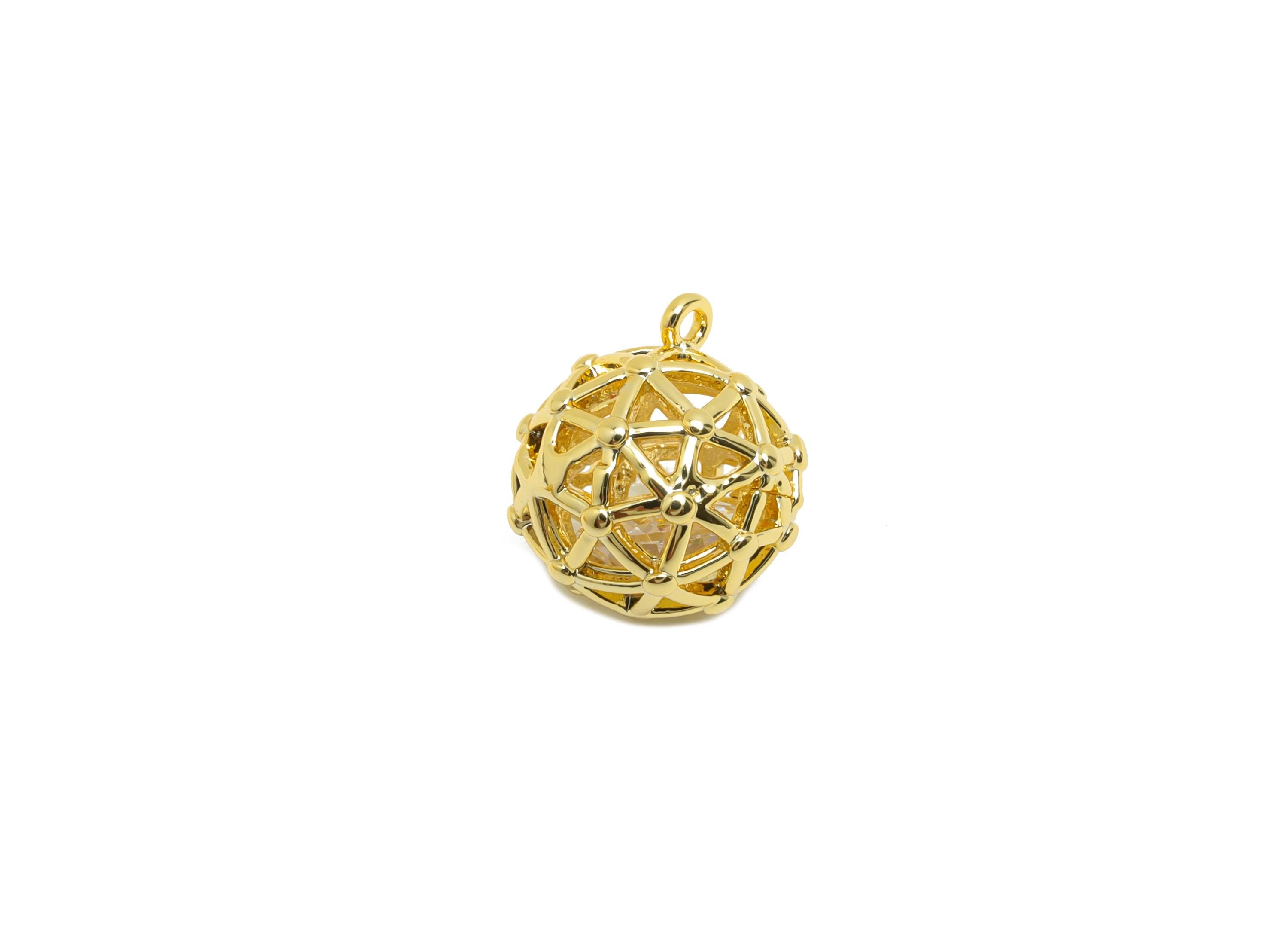 Brass Football Earring Charm - Gold Round Ball Charm for Bracelet - Zircon Pendant with Loop - 18K Real Gold Plating - 12x10.8x10mm- RGP8815 - DOMEDBAZAAR