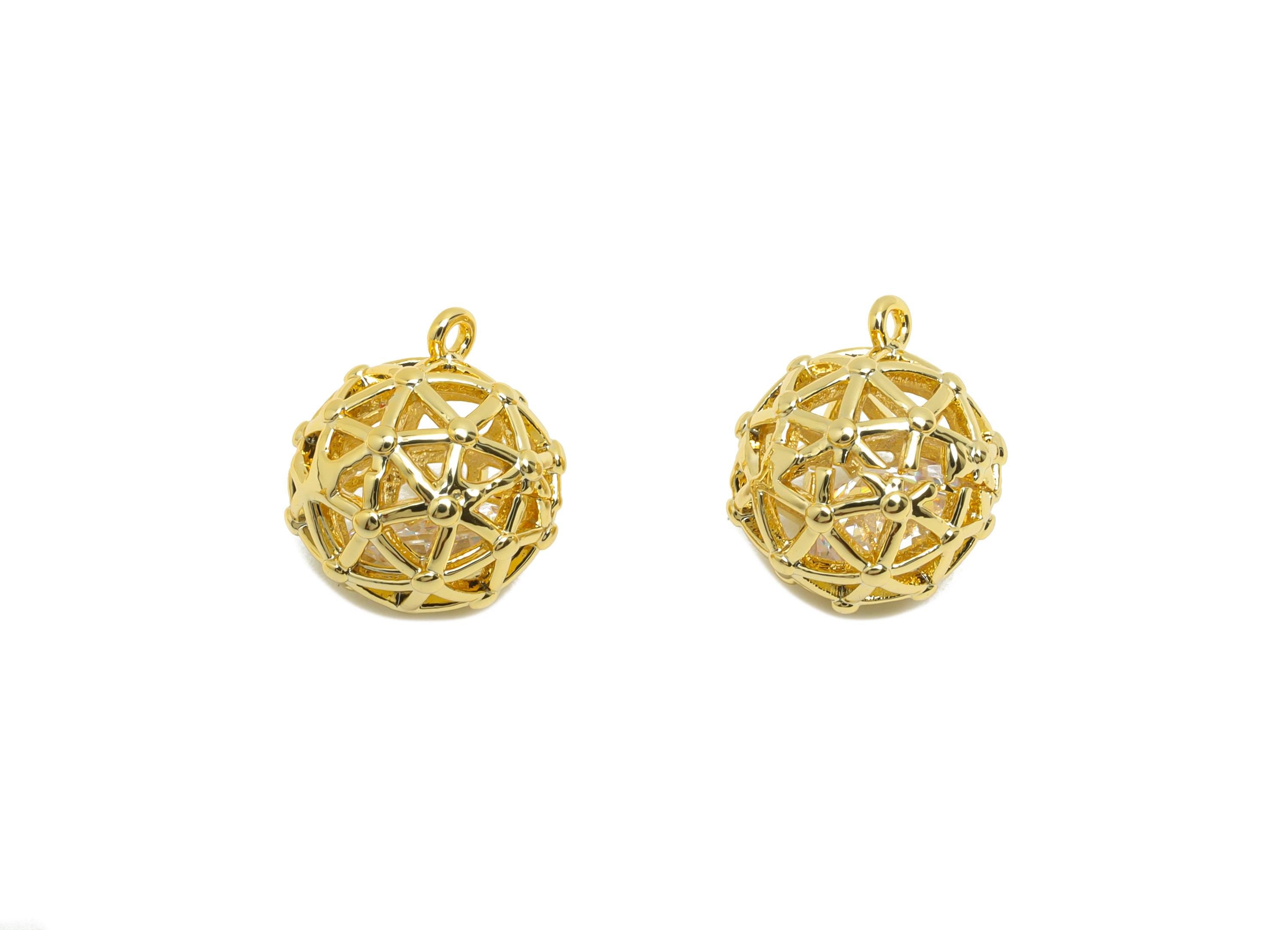 Brass Football Earring Charm - Gold Round Ball Charm for Bracelet - Zircon Pendant with Loop - 18K Real Gold Plating - 12x10.8x10mm- RGP8815 - DOMEDBAZAAR
