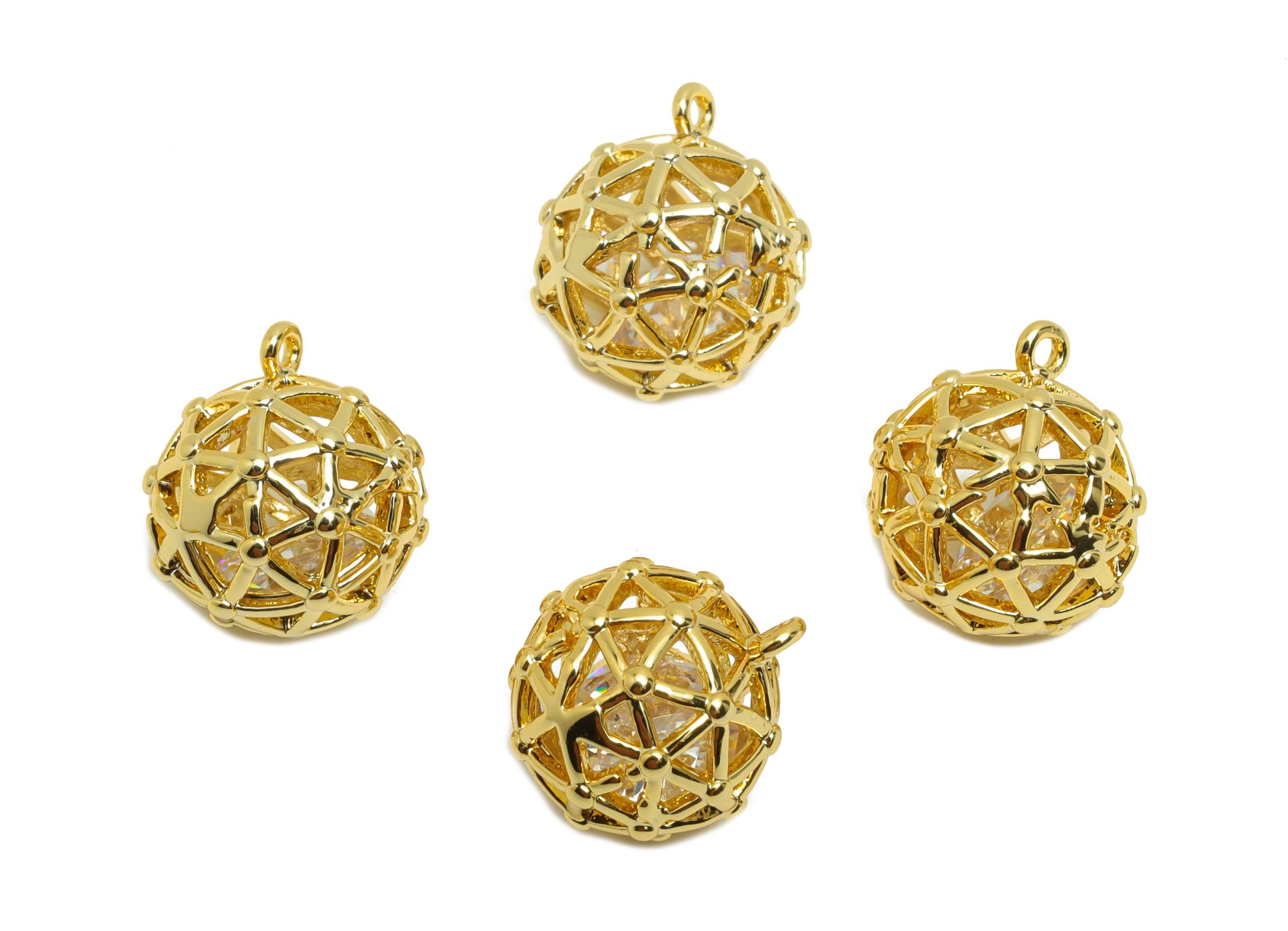 Brass Football Earring Charm - Gold Round Ball Charm for Bracelet - Zircon Pendant with Loop - 18K Real Gold Plating - 12x10.8x10mm- RGP8815 - DOMEDBAZAAR