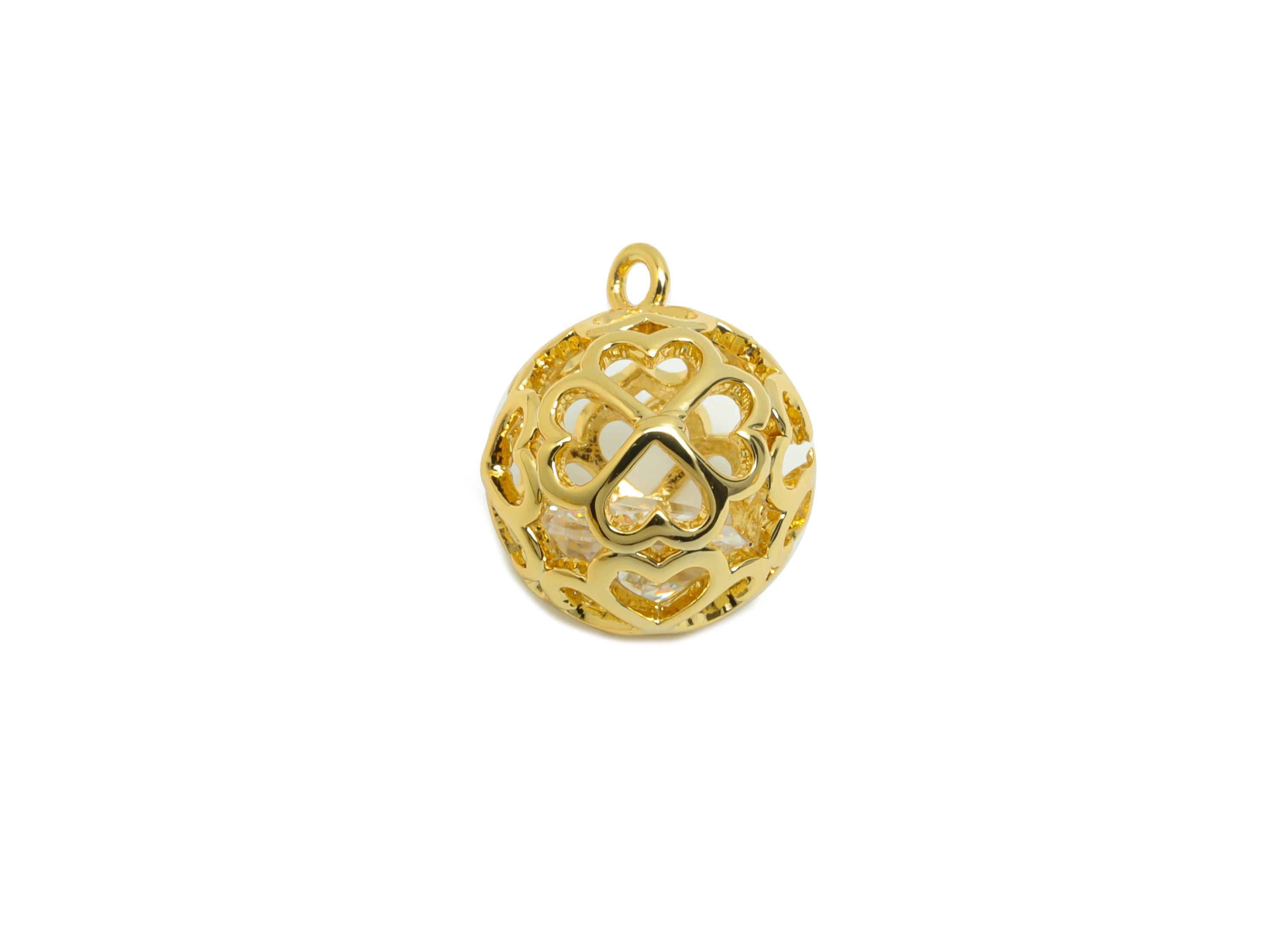 Brass Hollow Heart Charm - Gold Ball Earring Charm for Bracelet - Zircon Pendant with Loop - 18K Real Gold Plating - 12.5x10x10mm - RGP8817 - DOMEDBAZAAR