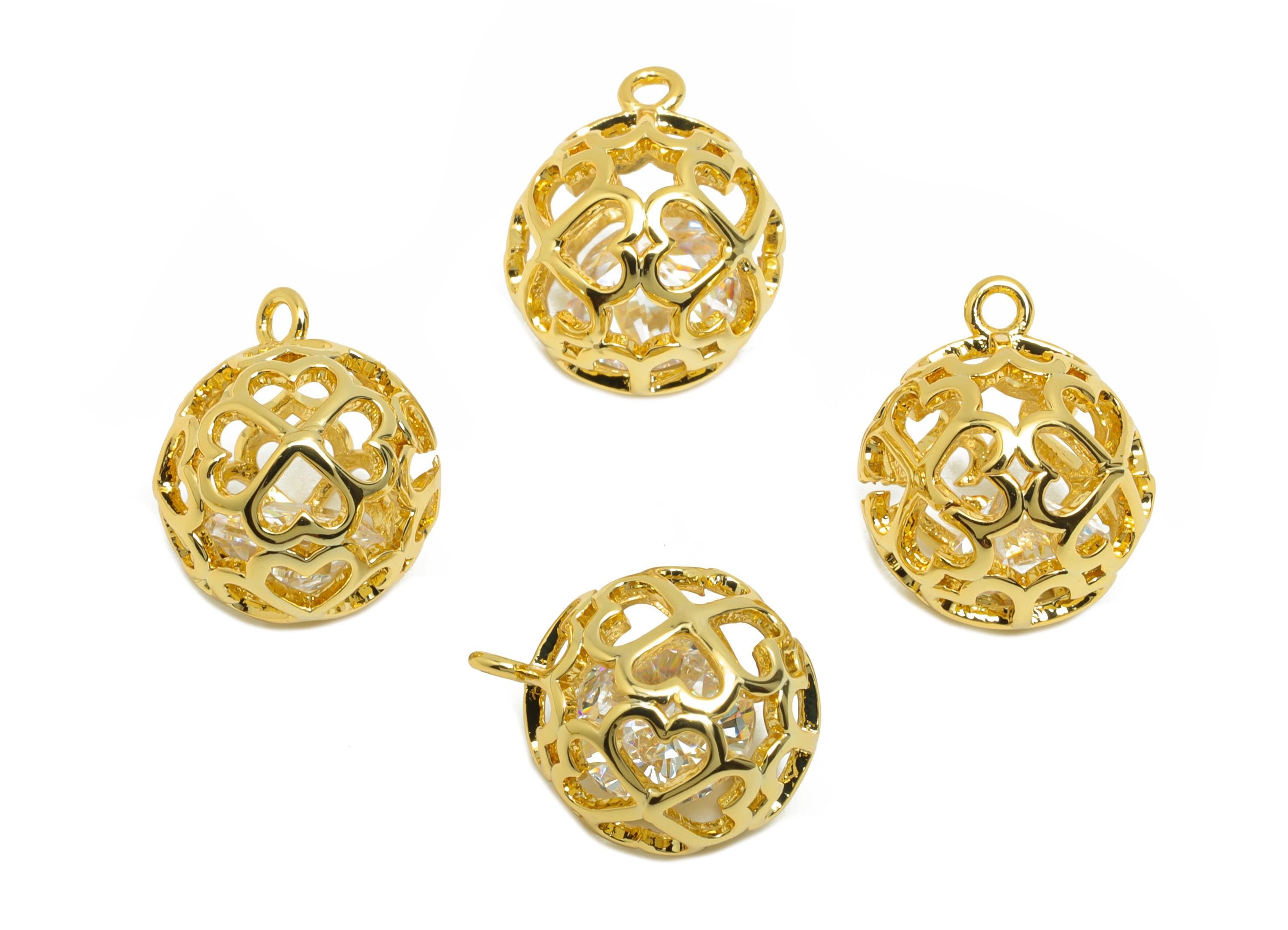 Brass Hollow Heart Charm - Gold Ball Earring Charm for Bracelet - Zircon Pendant with Loop - 18K Real Gold Plating - 12.5x10x10mm - RGP8817 - DOMEDBAZAAR