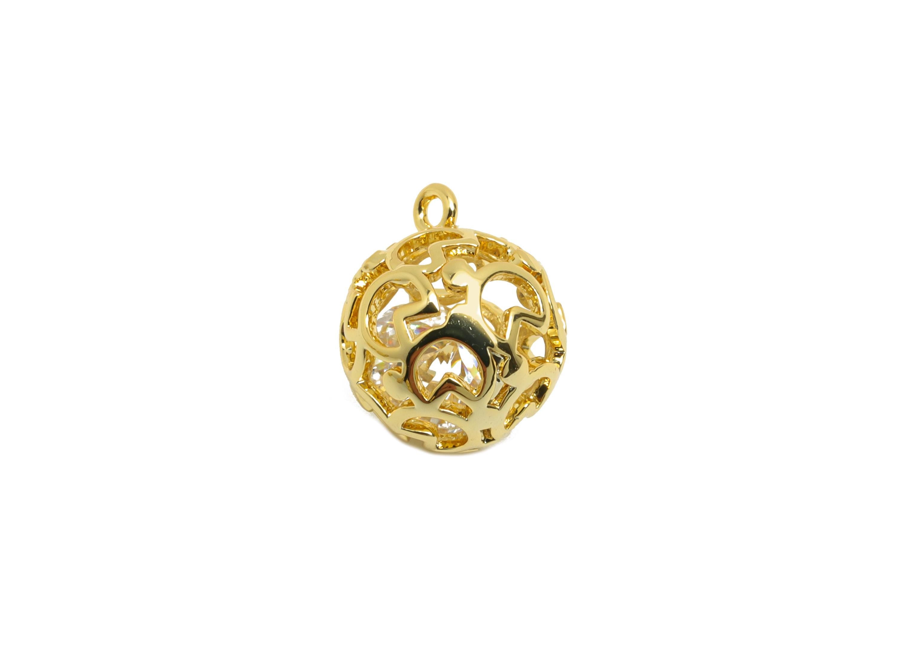 Brass Hollow Quarter Charm - Gold Ball Earring Charm for Bracelet - Zircon Pendant with Loop - 18K Real Gold Plating - 12x9.5x9.5mm- RGP8818 - DOMEDBAZAAR
