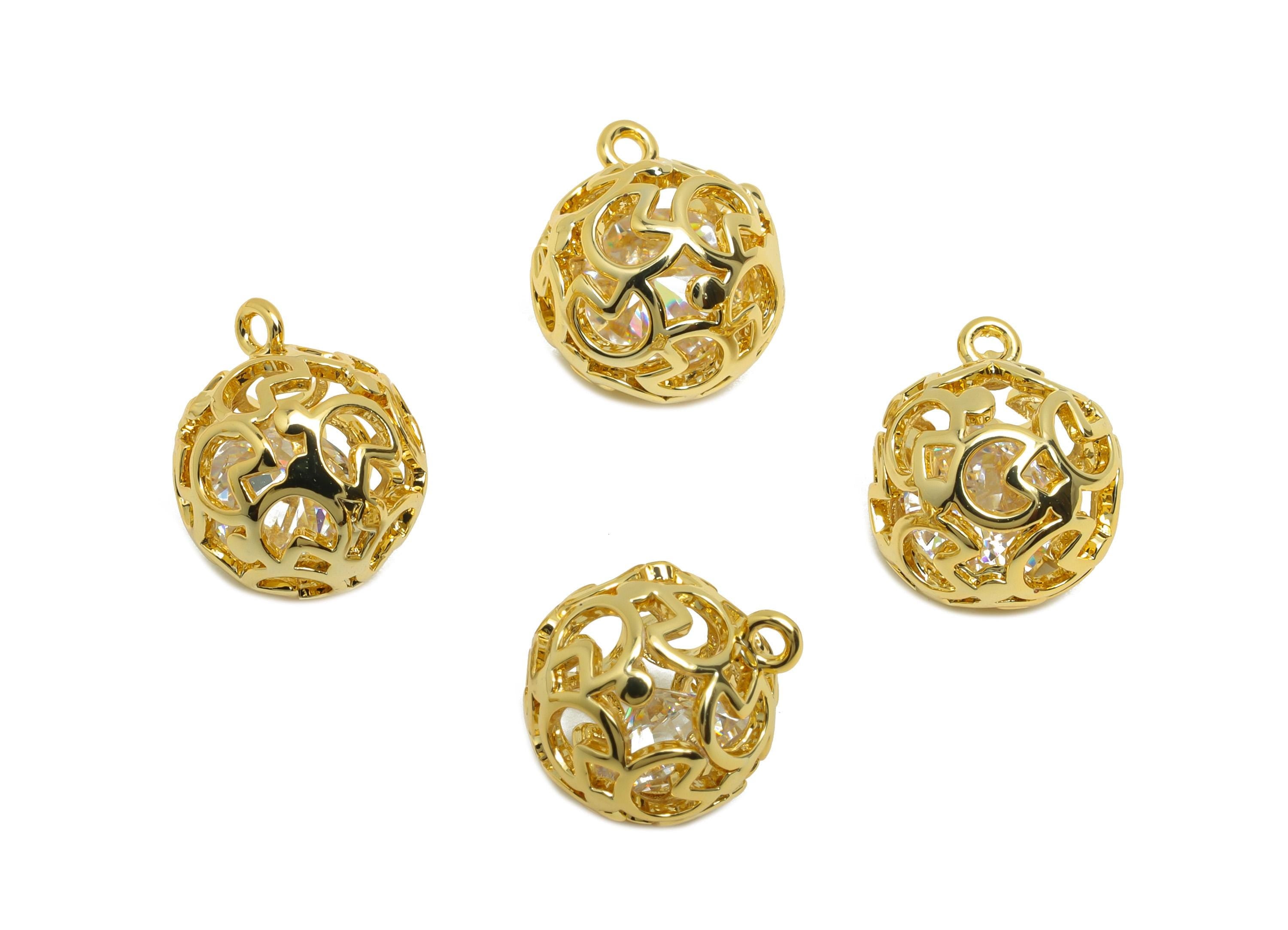 Brass Hollow Quarter Charm - Gold Ball Earring Charm for Bracelet - Zircon Pendant with Loop - 18K Real Gold Plating - 12x9.5x9.5mm- RGP8818 - DOMEDBAZAAR