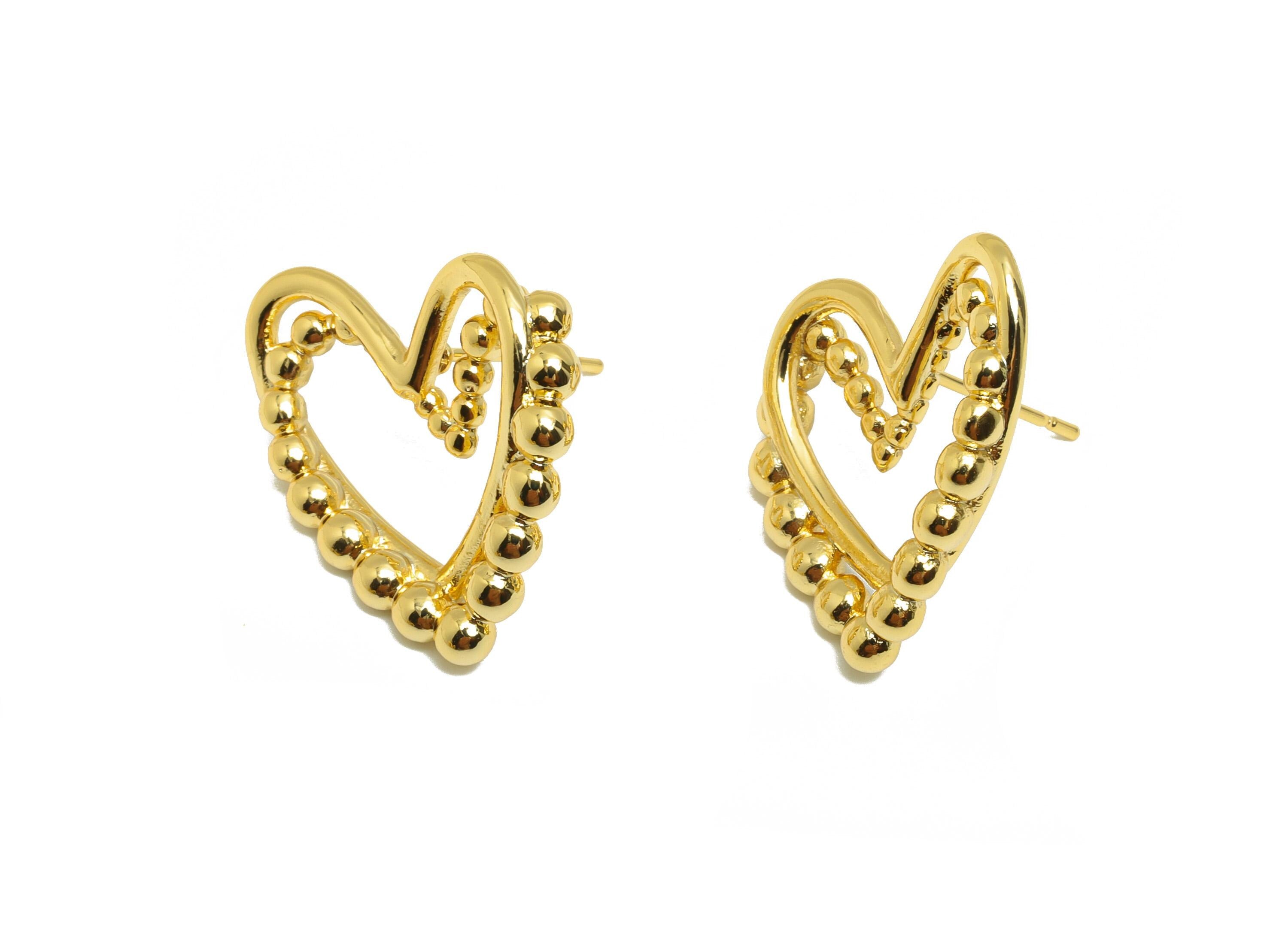 Brass Heart Earring - Gold Bead Heart Earring Stud for Girls - Valentine's Day Earring Post - 18K Real Gold Plating - 22.5x21x3.6mm- RGP8820 - DOMEDBAZAAR