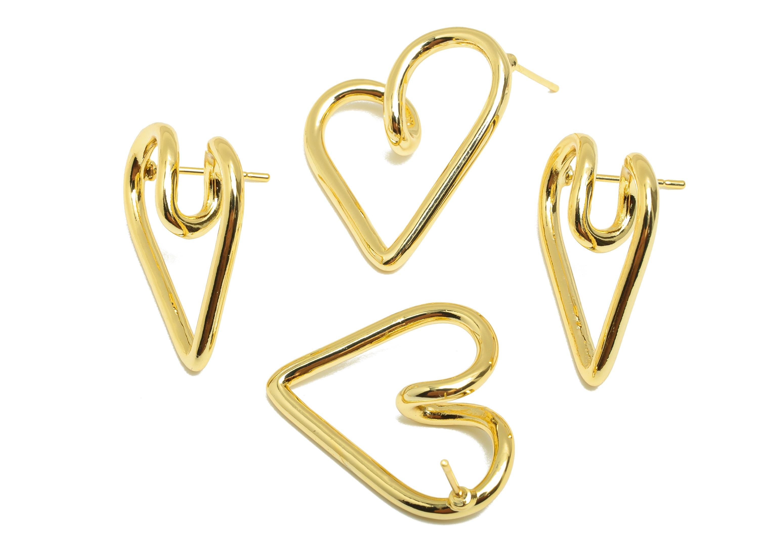 Brass Heart Earring - Gold Wire Heart Earring Stud for Girls - Valentine's Day Earring Post - 18K Real Gold Plating - 25x22x7.3mm - RGP8821 - DOMEDBAZAAR