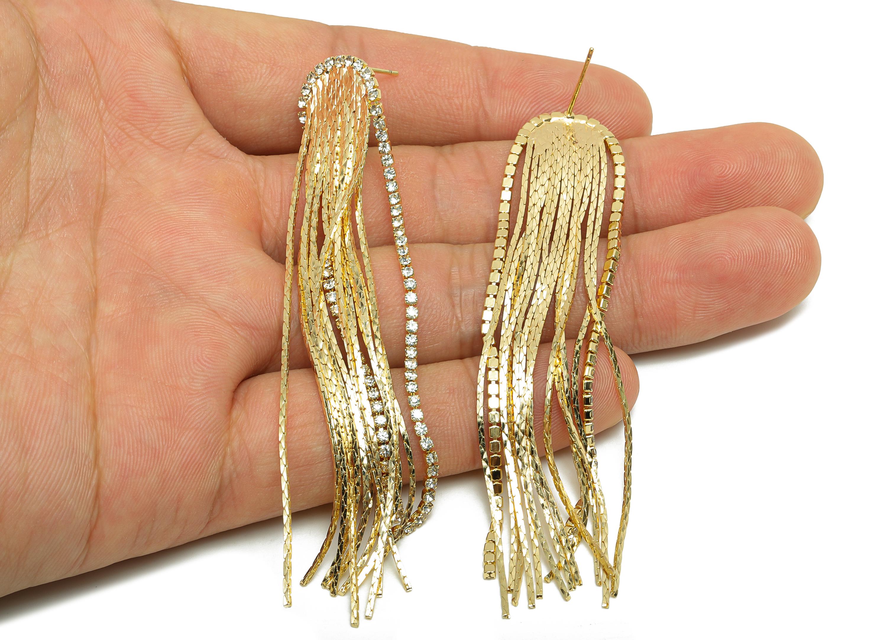 Brass CZ Tassel Earring Post - Brass Chain Earring Stud - Zircon Earring Post - Gold Jewelry - 18K Real Gold Plating - 82x14x1mm - RGP7555 - DOMEDBAZAAR
