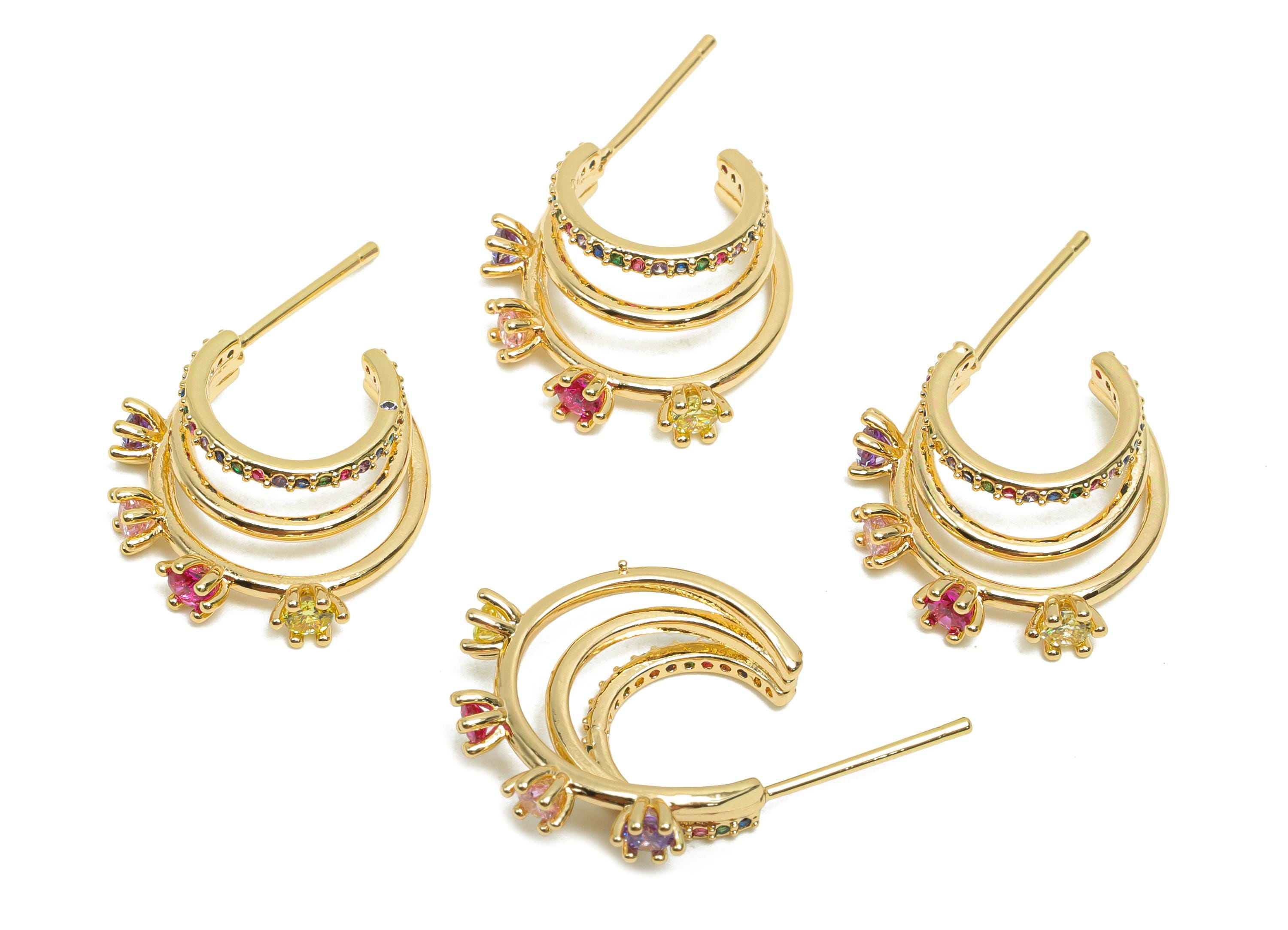 Brass CZ Hoop Earring Post - Brass Cubic Zircon Earring Stud - Brass Rainbow Earring Post  - 18K Real Gold Plating - 26.26x17x6mm - RGP7126 - DOMEDBAZAAR