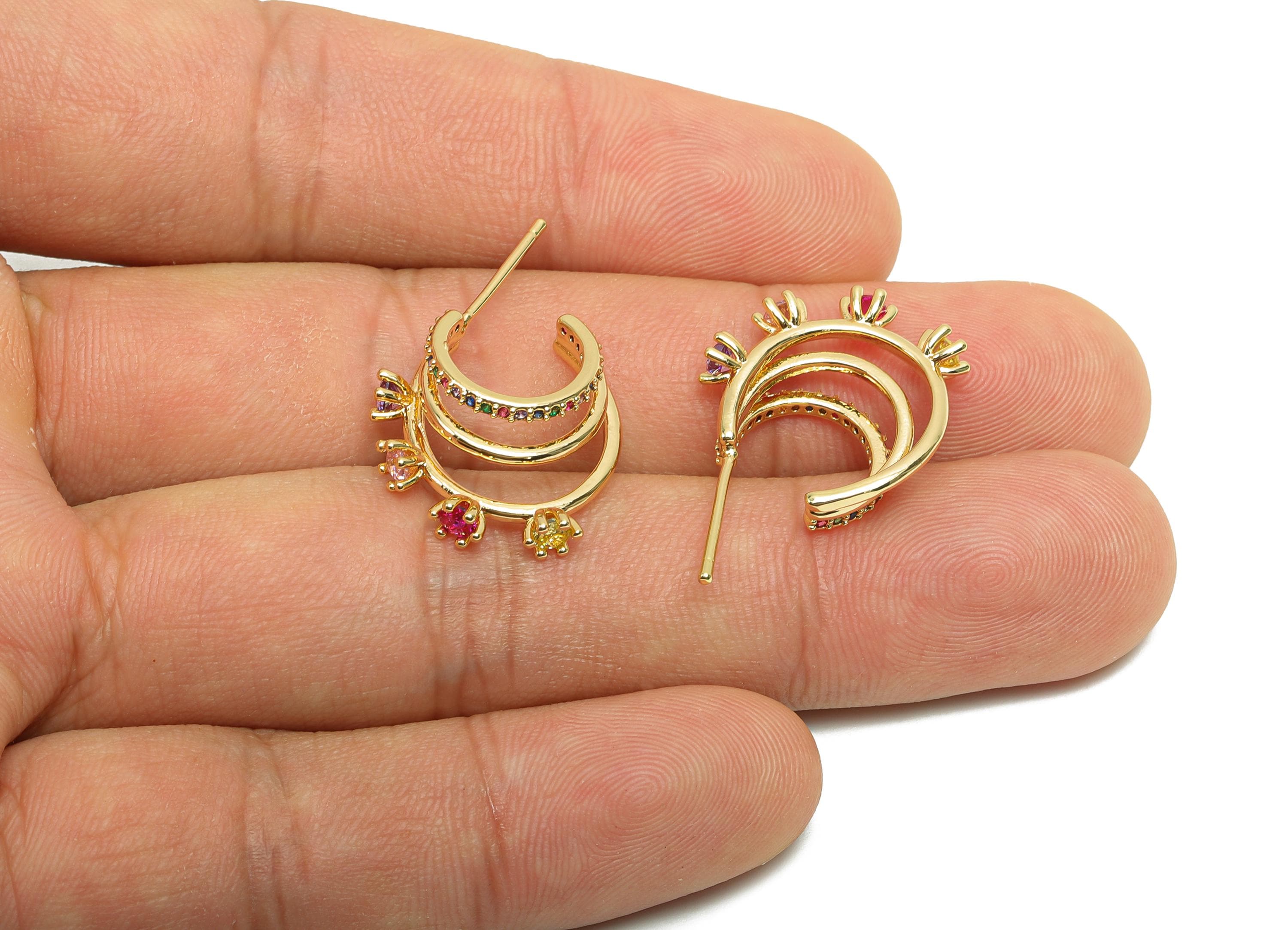 Brass CZ Hoop Earring Post - Brass Cubic Zircon Earring Stud - Brass Rainbow Earring Post  - 18K Real Gold Plating - 26.26x17x6mm - RGP7126 - DOMEDBAZAAR