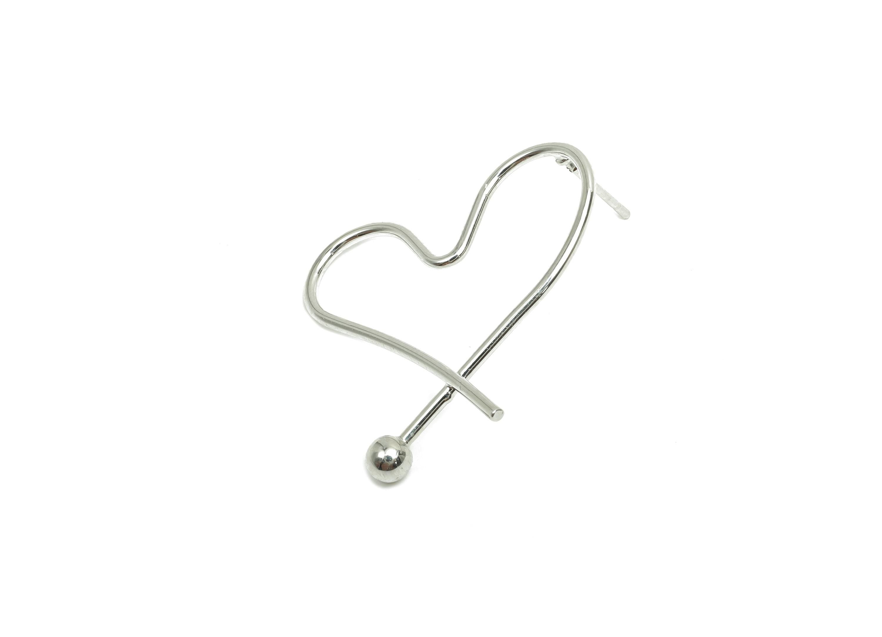 Brass Heart Earring Stud - Brass Heart Wire Earring Post - Brass Heart Ball Earring Post - 18K Real White Gold Plating - 33x28x1mm - RGP8092 - DOMEDBAZAAR