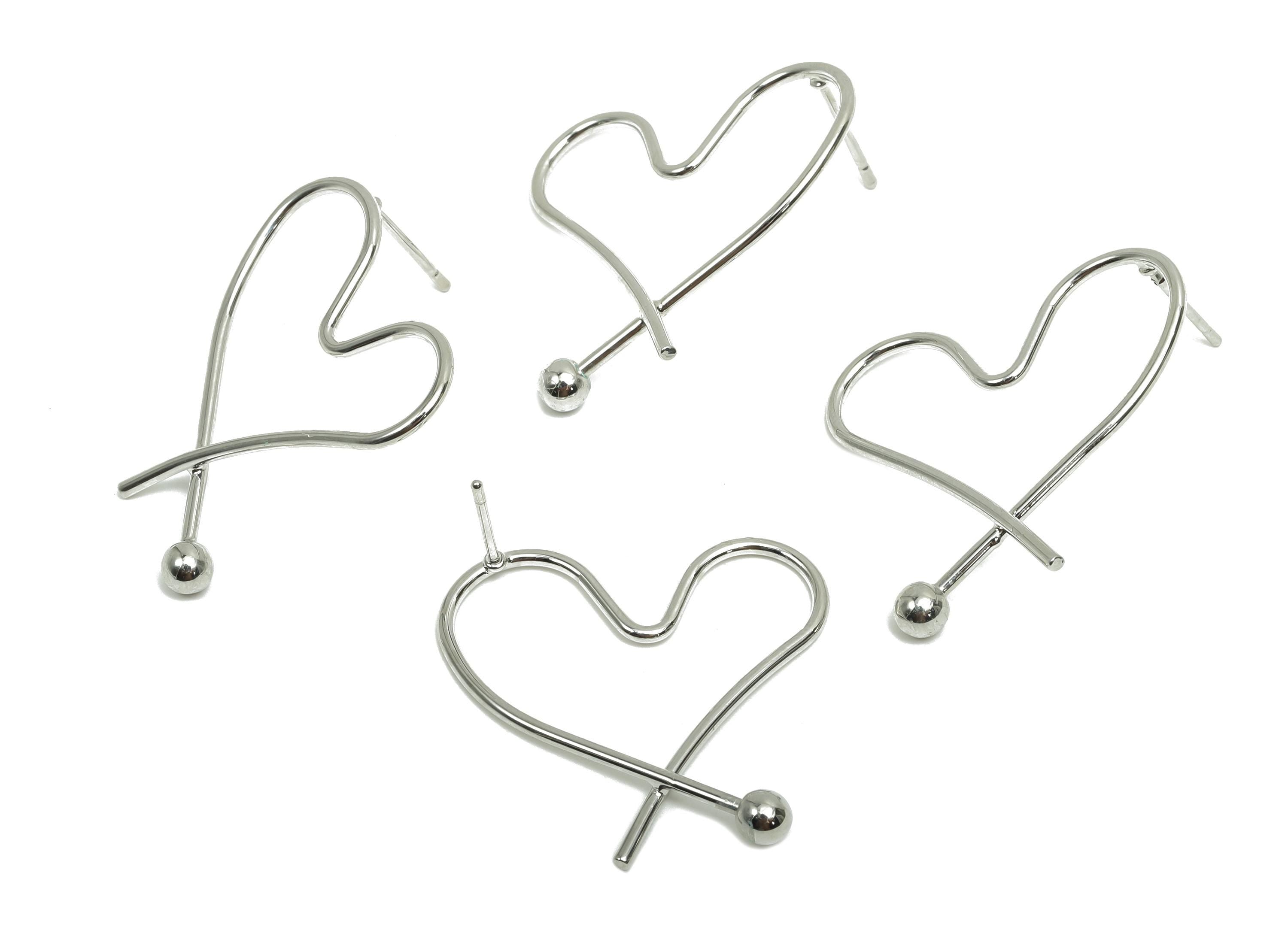 Brass Heart Earring Stud - Brass Heart Wire Earring Post - Brass Heart Ball Earring Post - 18K Real White Gold Plating - 33x28x1mm - RGP8092 - DOMEDBAZAAR