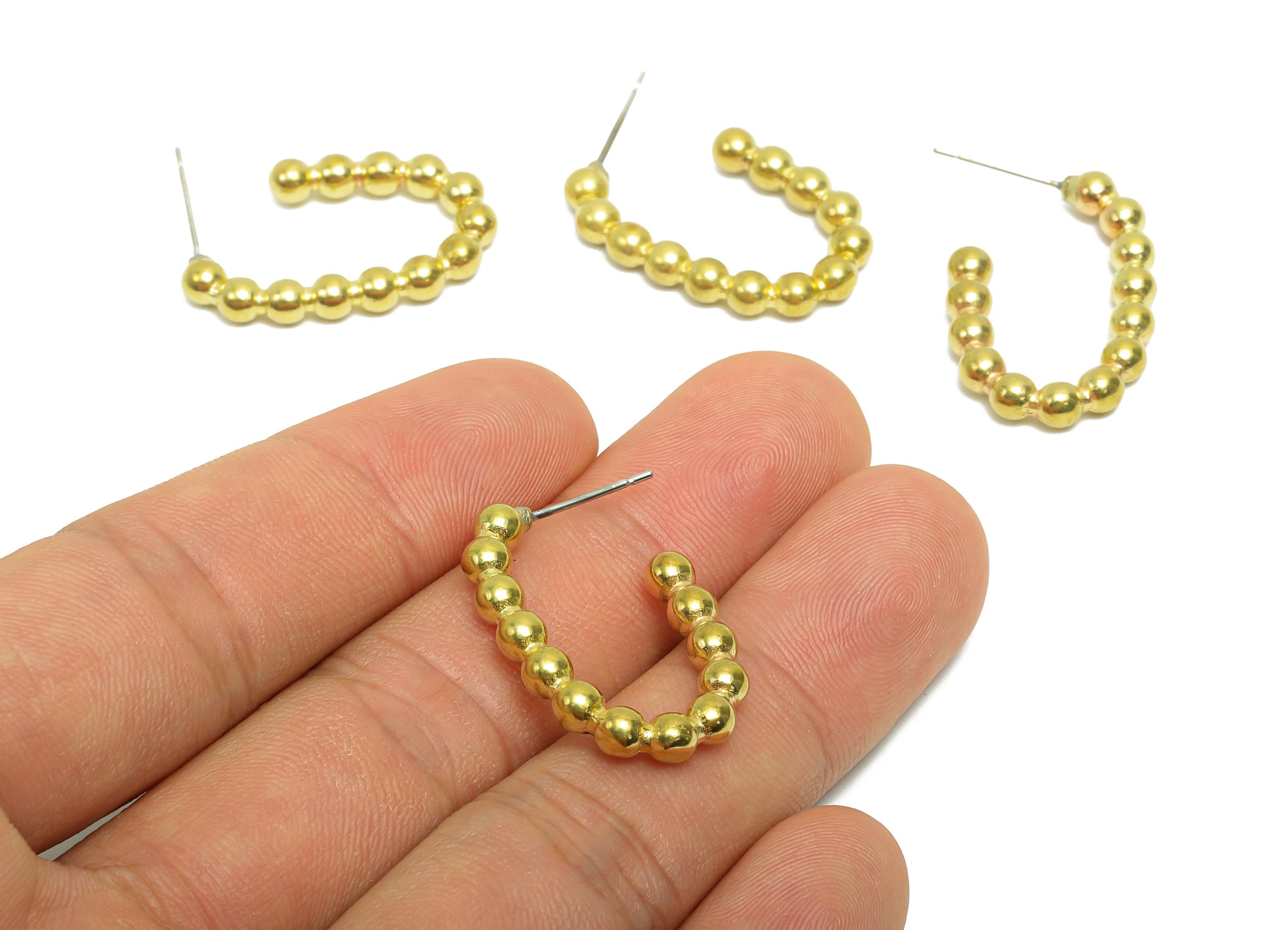 Brass Beaded  Hoop Earring Stud - Raw Brass Open Hoop Earring Post - Brass Geometry Hoop Post- For Woman - 27x17.6x3.9mm - PP10059 - DOMEDBAZAAR