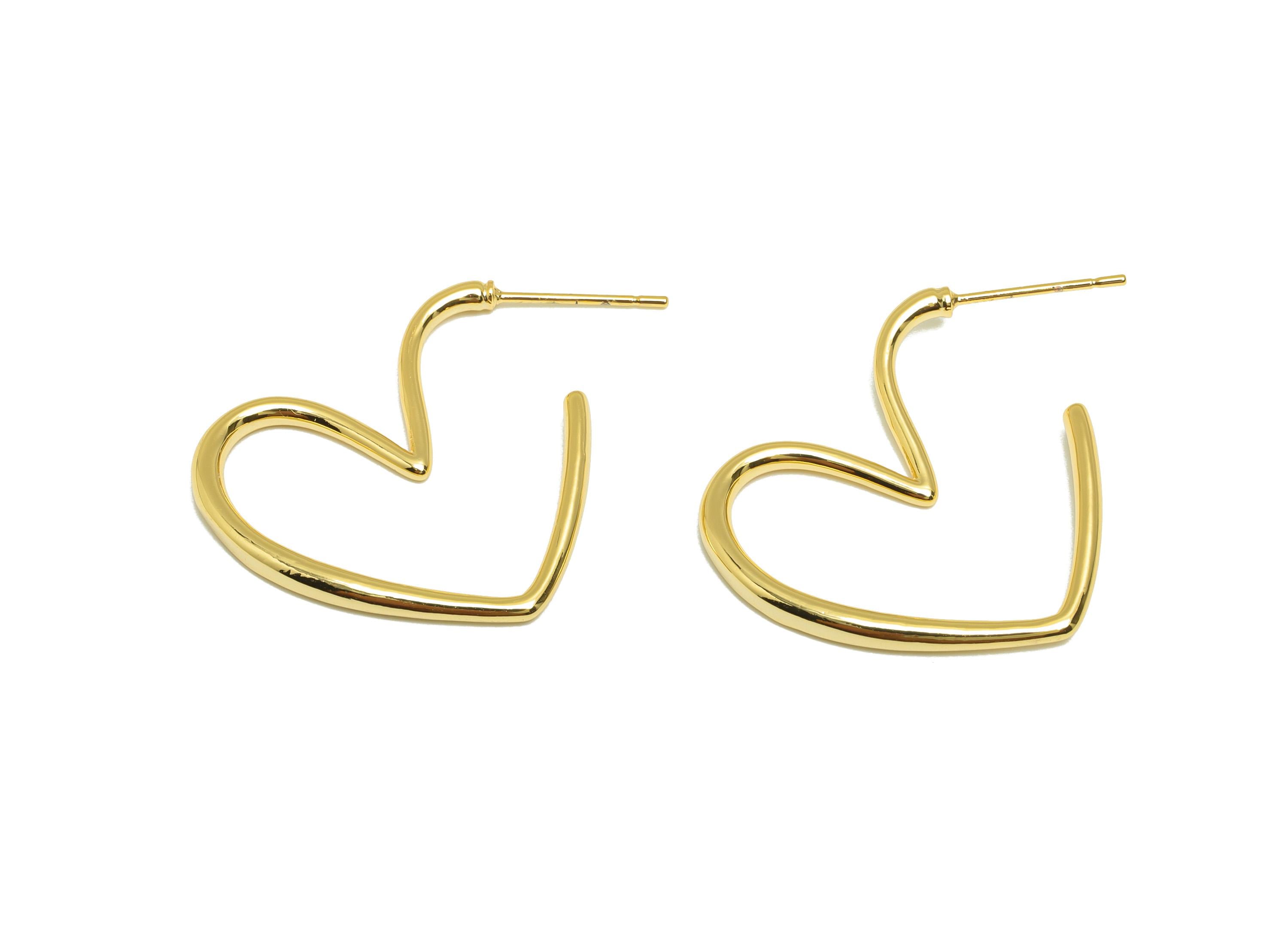 Brass Heart Earring - Gold Open Heart Earring Stud for Girls - Valentine's Day Earring Post - 18K Real Gold Plated -35.8x24.3x2.3mm- RGP8826 - DOMEDBAZAAR