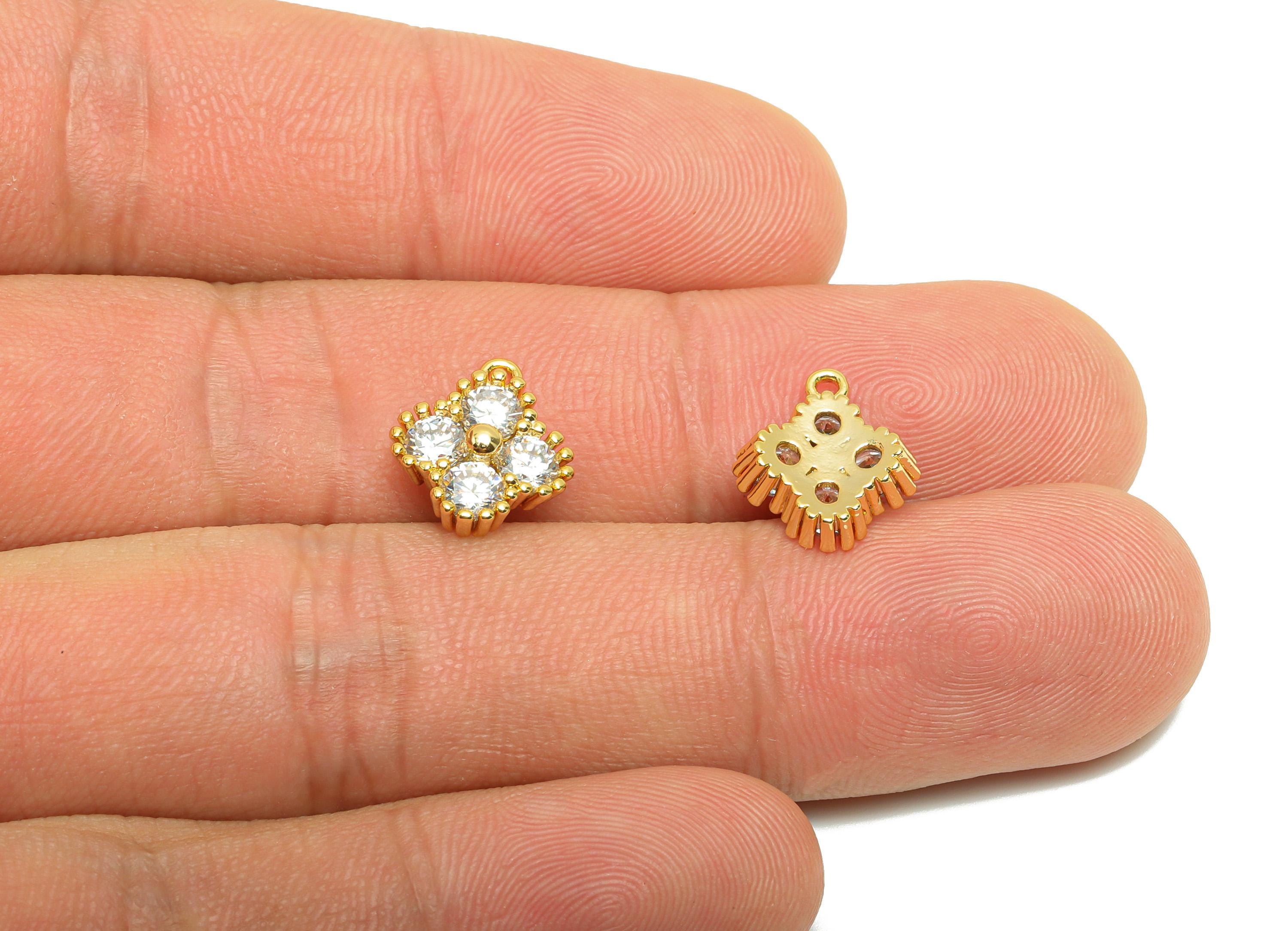Brass Square Zircon Charm - Gold Textured Earring Charm for Bracelet - Round CZ Pendant - 18K Real Gold Plating - 12x10.5x4.3mm - RGP8827 - DOMEDBAZAAR