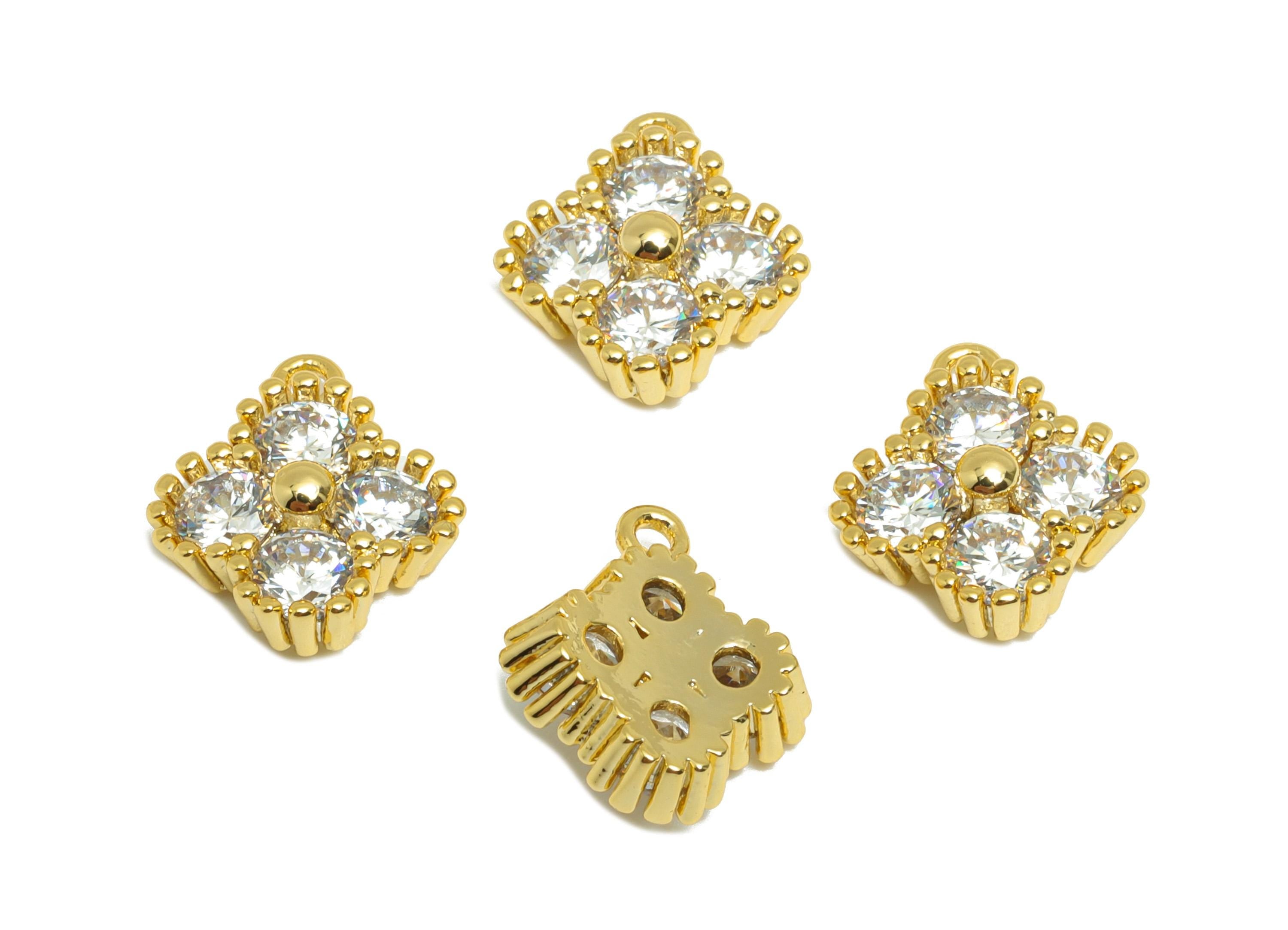 Brass Square Zircon Charm - Gold Textured Earring Charm for Bracelet - Round CZ Pendant - 18K Real Gold Plating - 12x10.5x4.3mm - RGP8827 - DOMEDBAZAAR