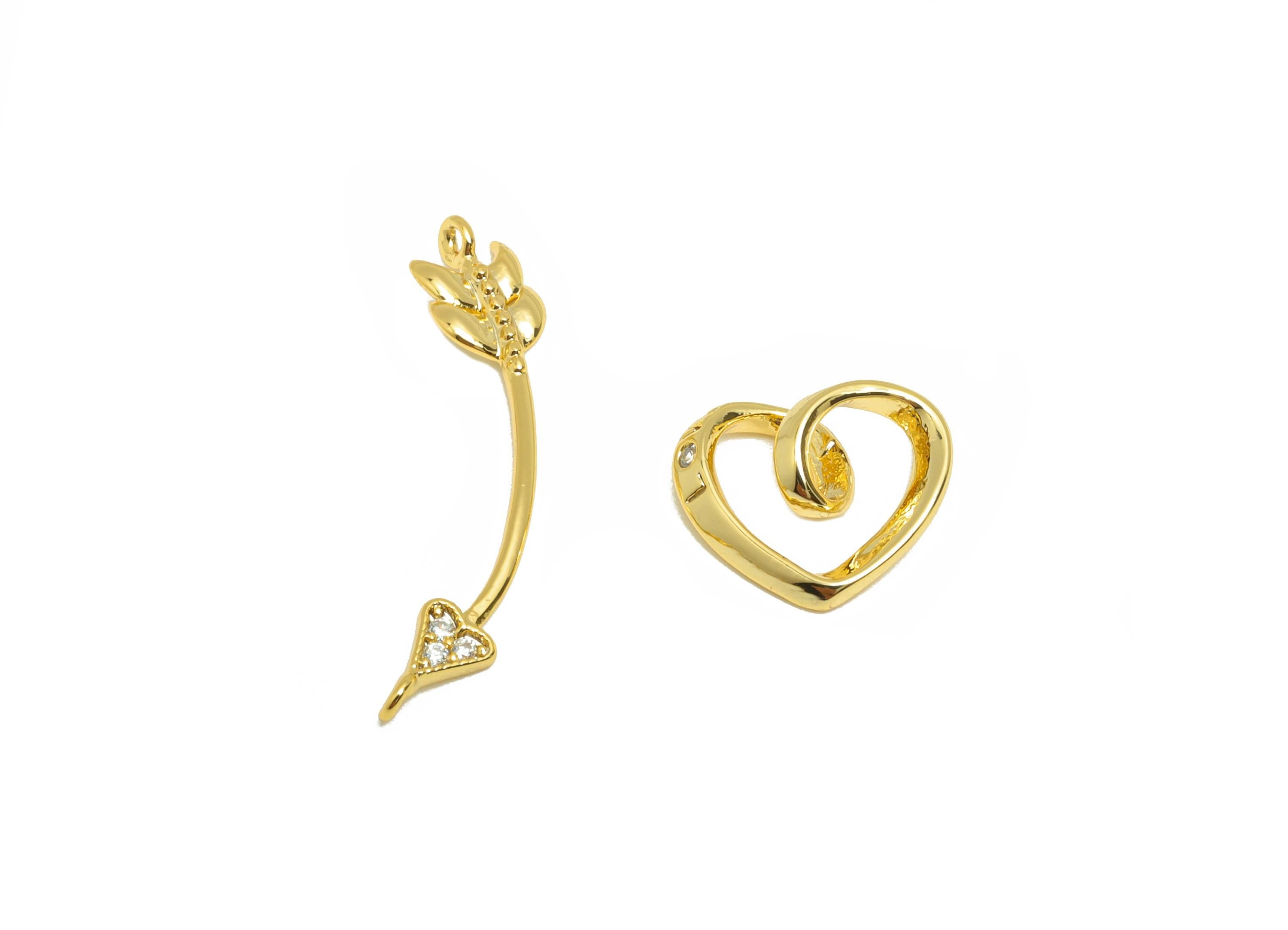 Brass Cupid's Arrow Connector - Gold Zircon Arrow Charm for Necklace - Set Heart Connector - 18K Real Gold Plating - 24x5.1x3.8mm - RGP8830 - DOMEDBAZAAR