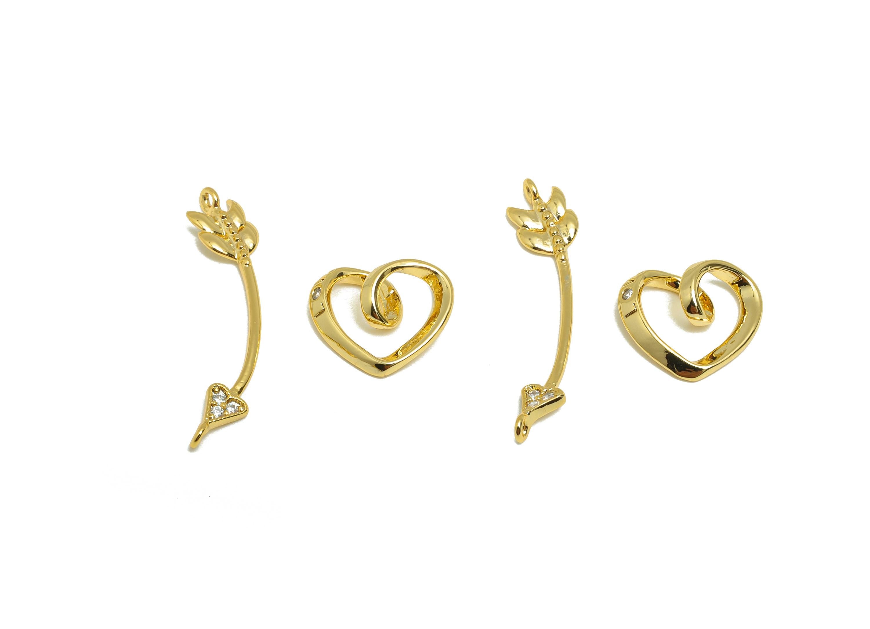 Brass Cupid's Arrow Connector - Gold Zircon Arrow Charm for Necklace - Set Heart Connector - 18K Real Gold Plating - 24x5.1x3.8mm - RGP8830 - DOMEDBAZAAR