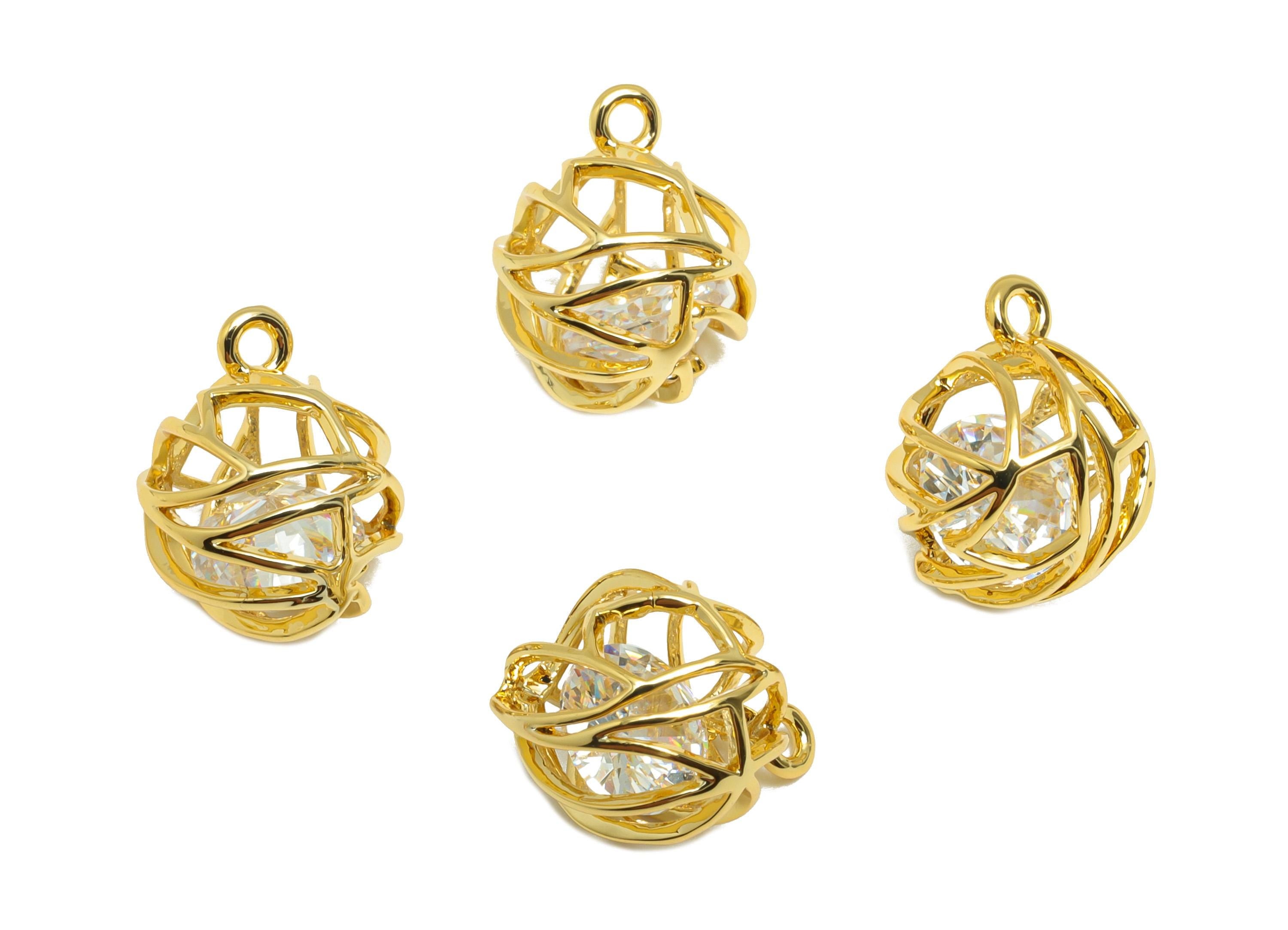 Brass Ball Earring Charm - Gold Round Hollow Charm for Bracelet - Zircon Pendant with Loop - 18K Real Gold Plating - 12x9.9x9.9mm - RGP8832 - DOMEDBAZAAR
