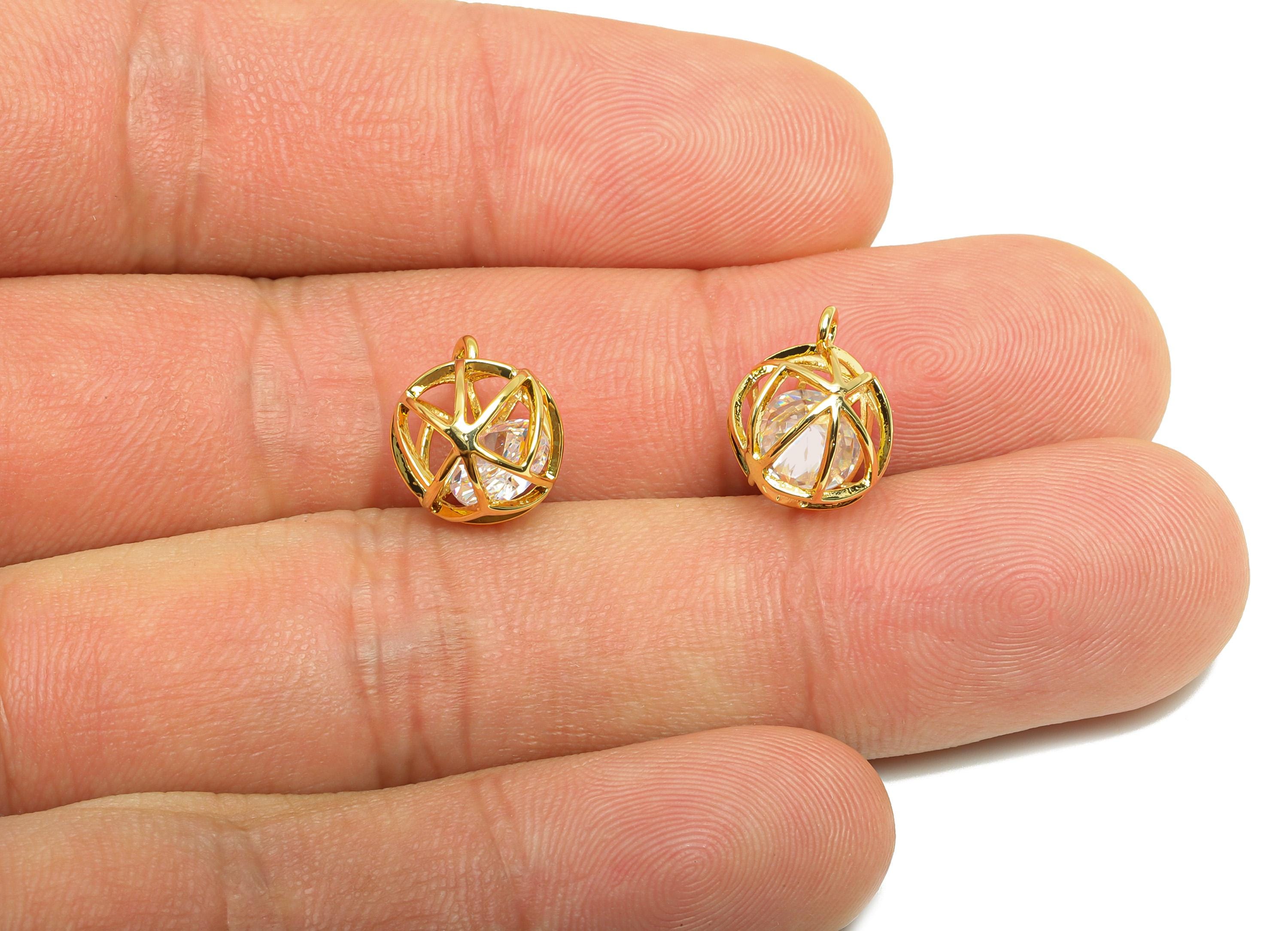Brass Ball Earring Charm - Gold Round Hollow Charm for Bracelet - Zircon Pendant with Loop - 18K Real Gold Plating - 11.7x9.5x10mm - RGP8833 - DOMEDBAZAAR