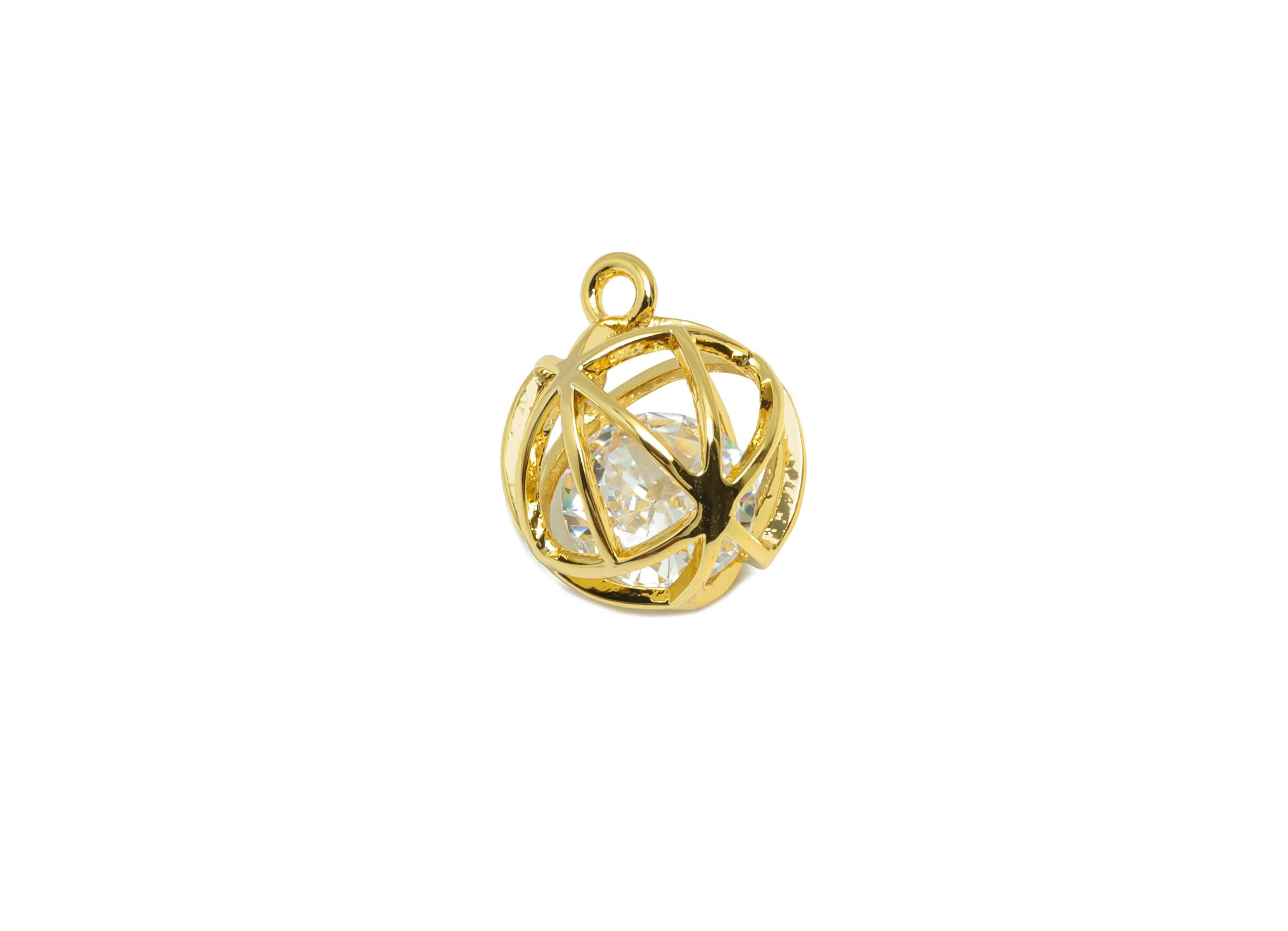 Brass Ball Earring Charm - Gold Round Hollow Charm for Bracelet - Zircon Pendant with Loop - 18K Real Gold Plating - 11.7x9.5x10mm - RGP8833 - DOMEDBAZAAR