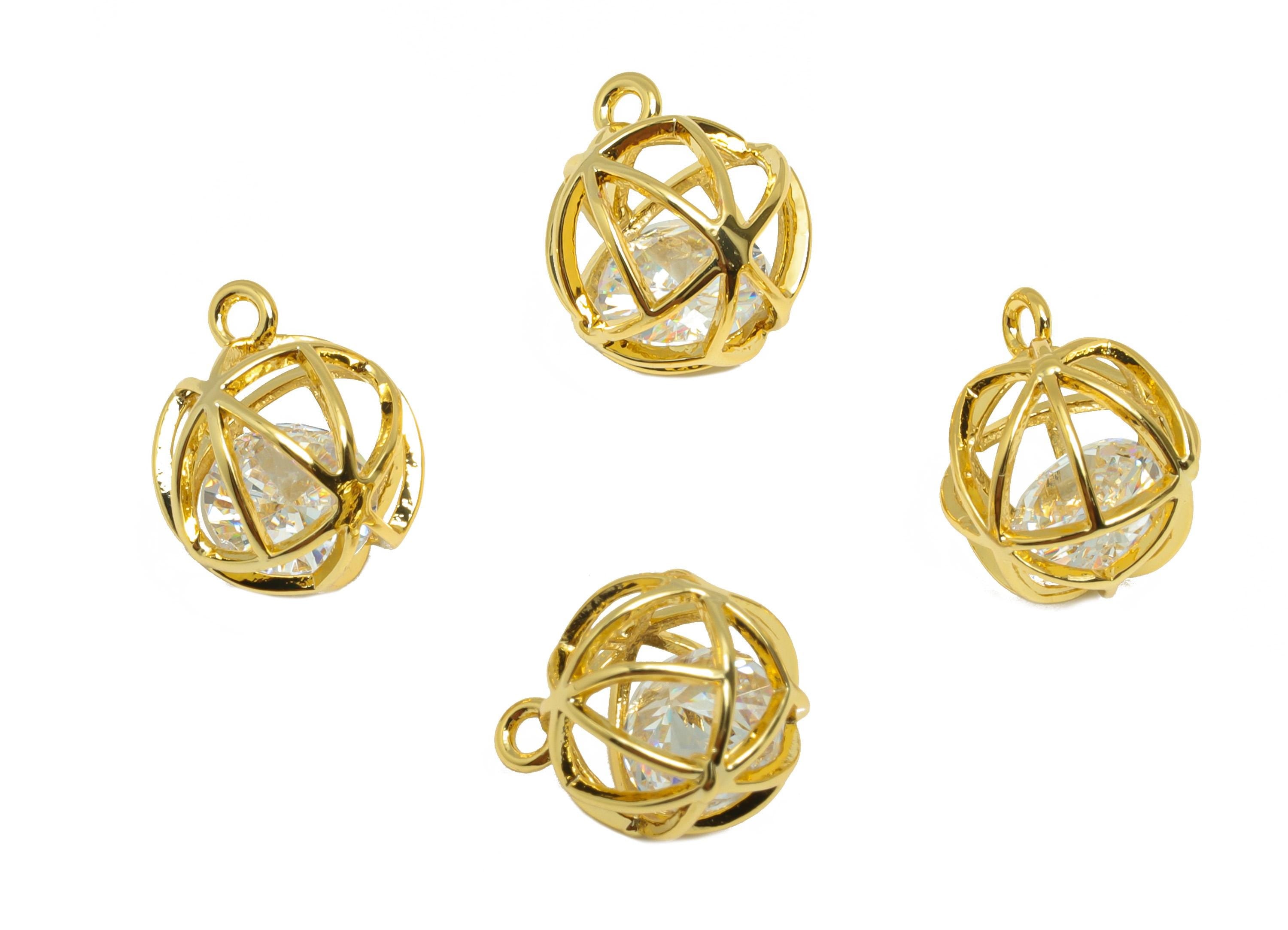 Brass Ball Earring Charm - Gold Round Hollow Charm for Bracelet - Zircon Pendant with Loop - 18K Real Gold Plating - 11.7x9.5x10mm - RGP8833 - DOMEDBAZAAR