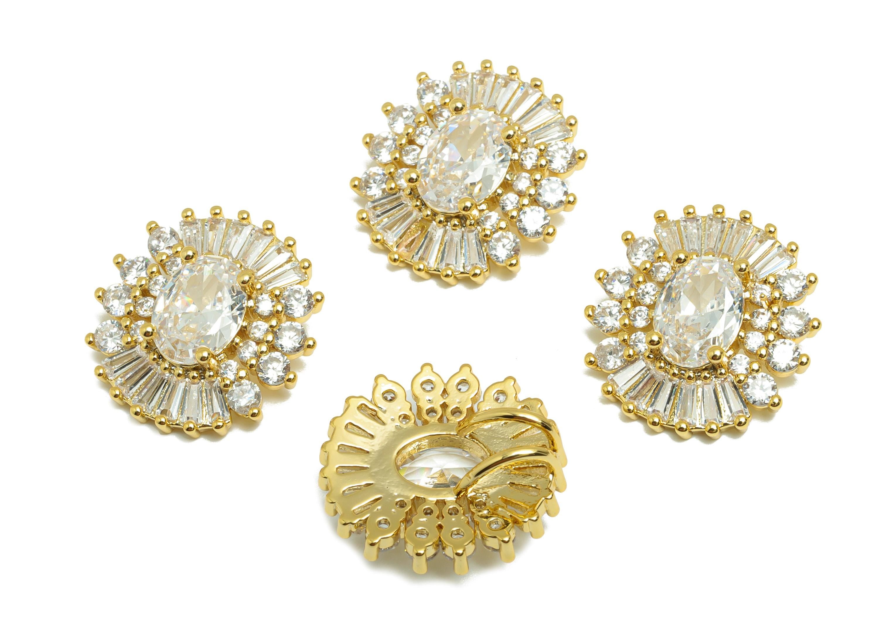 Brass Zircon Earring Charm - Gold Round Charm for Necklace - Textured CZ Oval Pendant - 18K Real Gold Plating - 16.5x16.5x5.8mm - RGP8837 - DOMEDBAZAAR