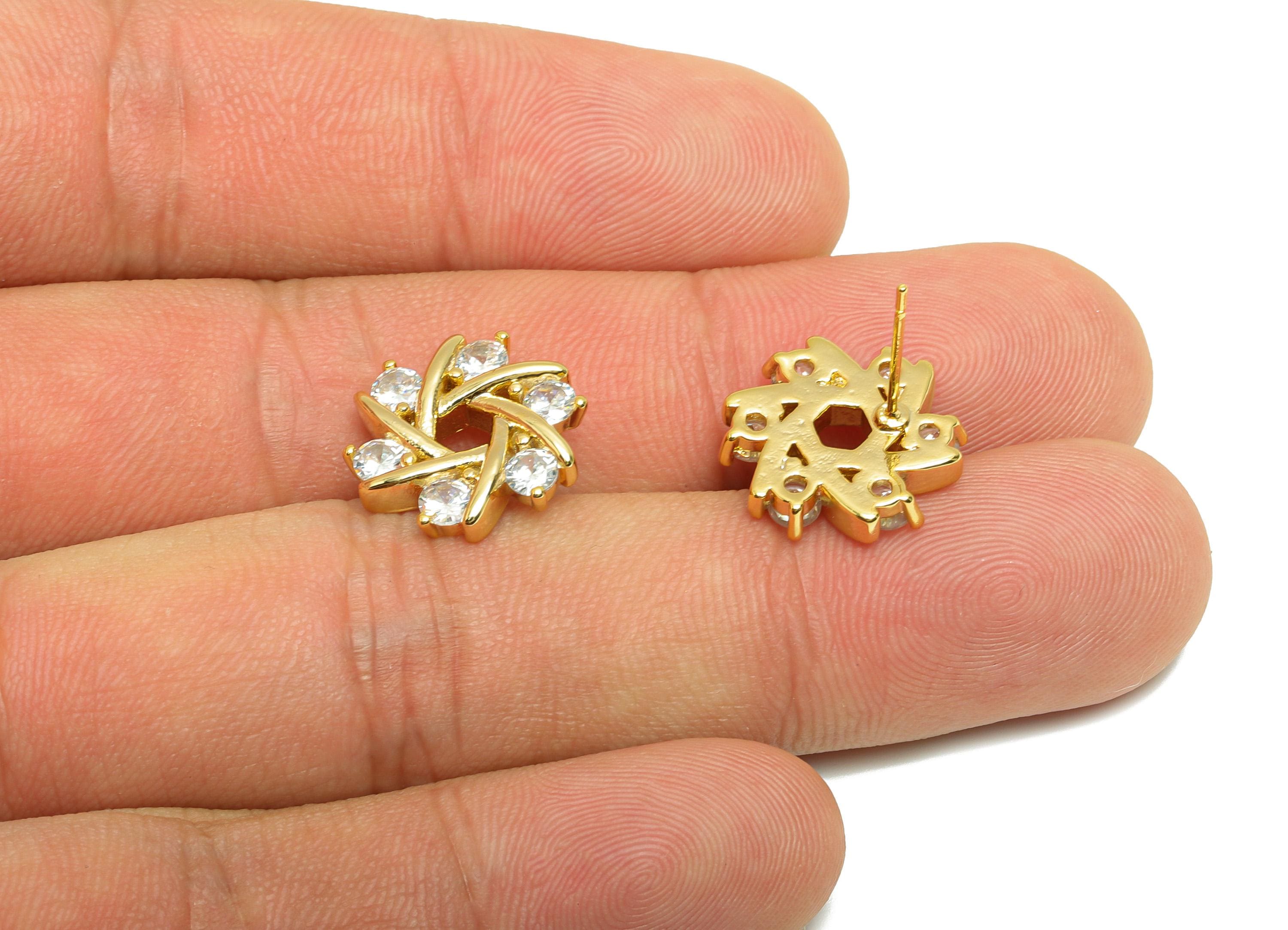 Brass Flower Earring Stud - Gold Round Zircon Earring Post for Women - Flower Daily Wear Ear - 18K Real Gold Plated -14.9x14.8x3.2mm-RGP8838 - DOMEDBAZAAR