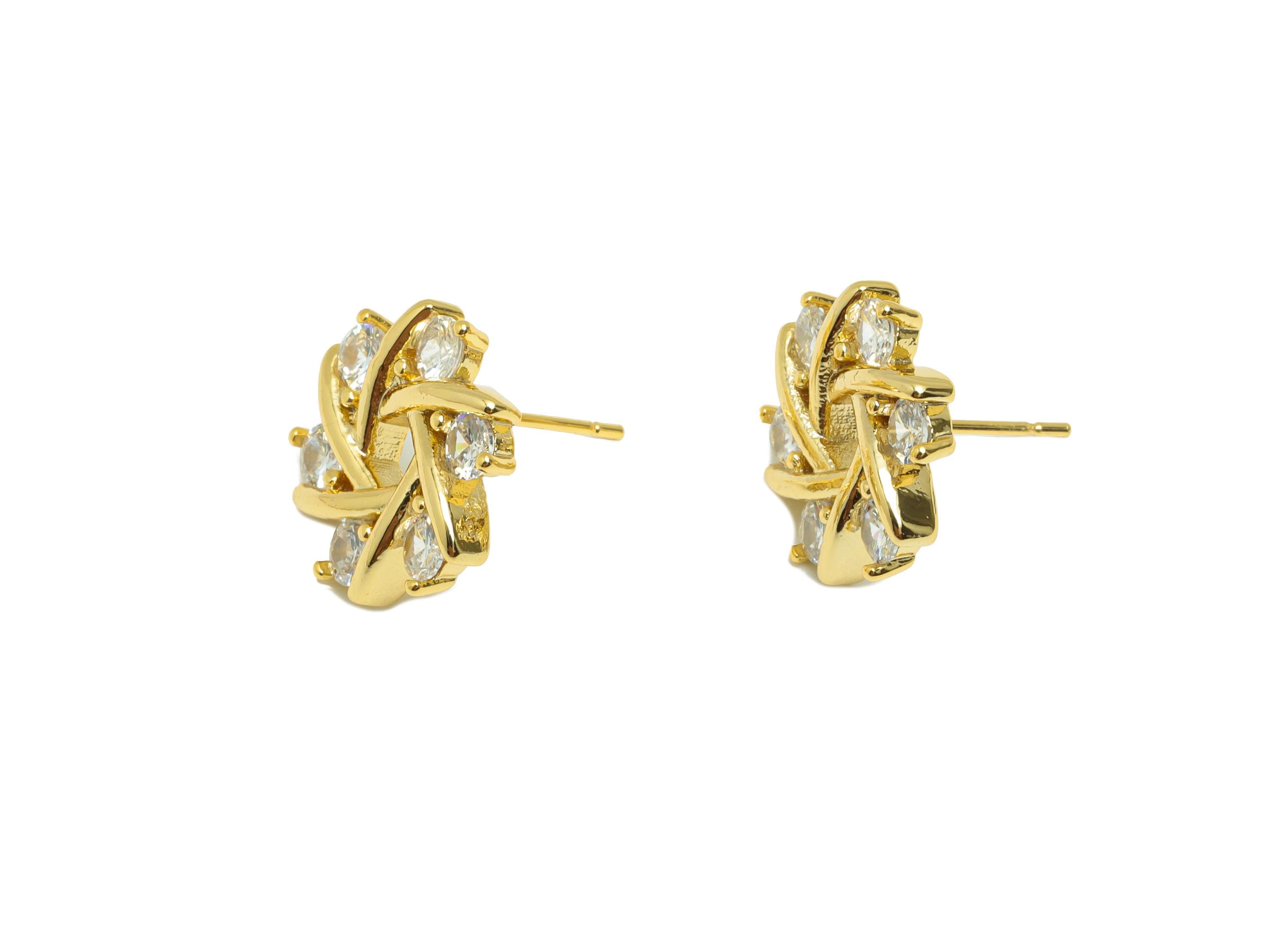 Brass Flower Earring Stud - Gold Round Zircon Earring Post for Women - Flower Daily Wear Ear - 18K Real Gold Plated -14.9x14.8x3.2mm-RGP8838 - DOMEDBAZAAR
